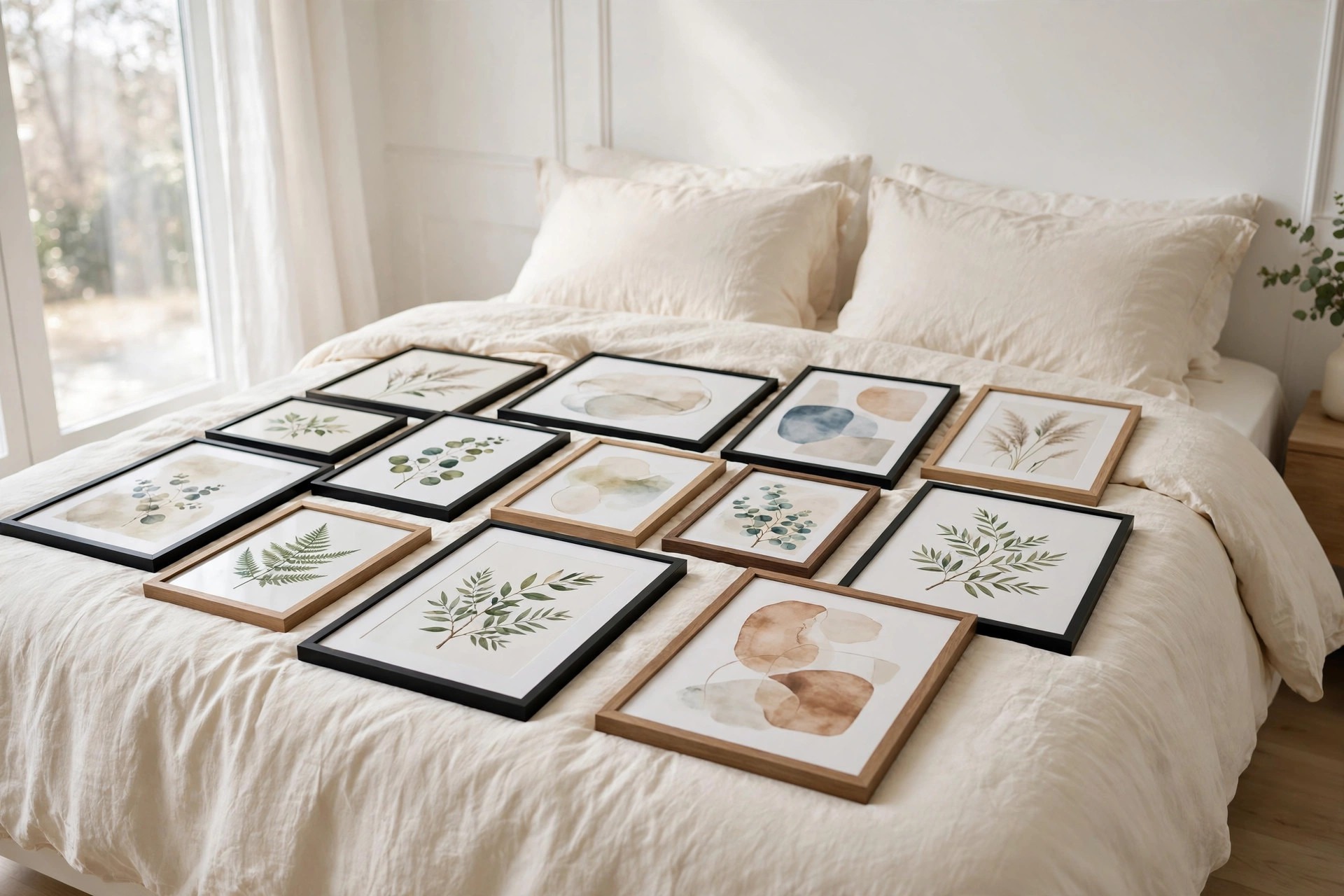 Many framed botanical and abstract prints spread across a neatly made bed for sorting