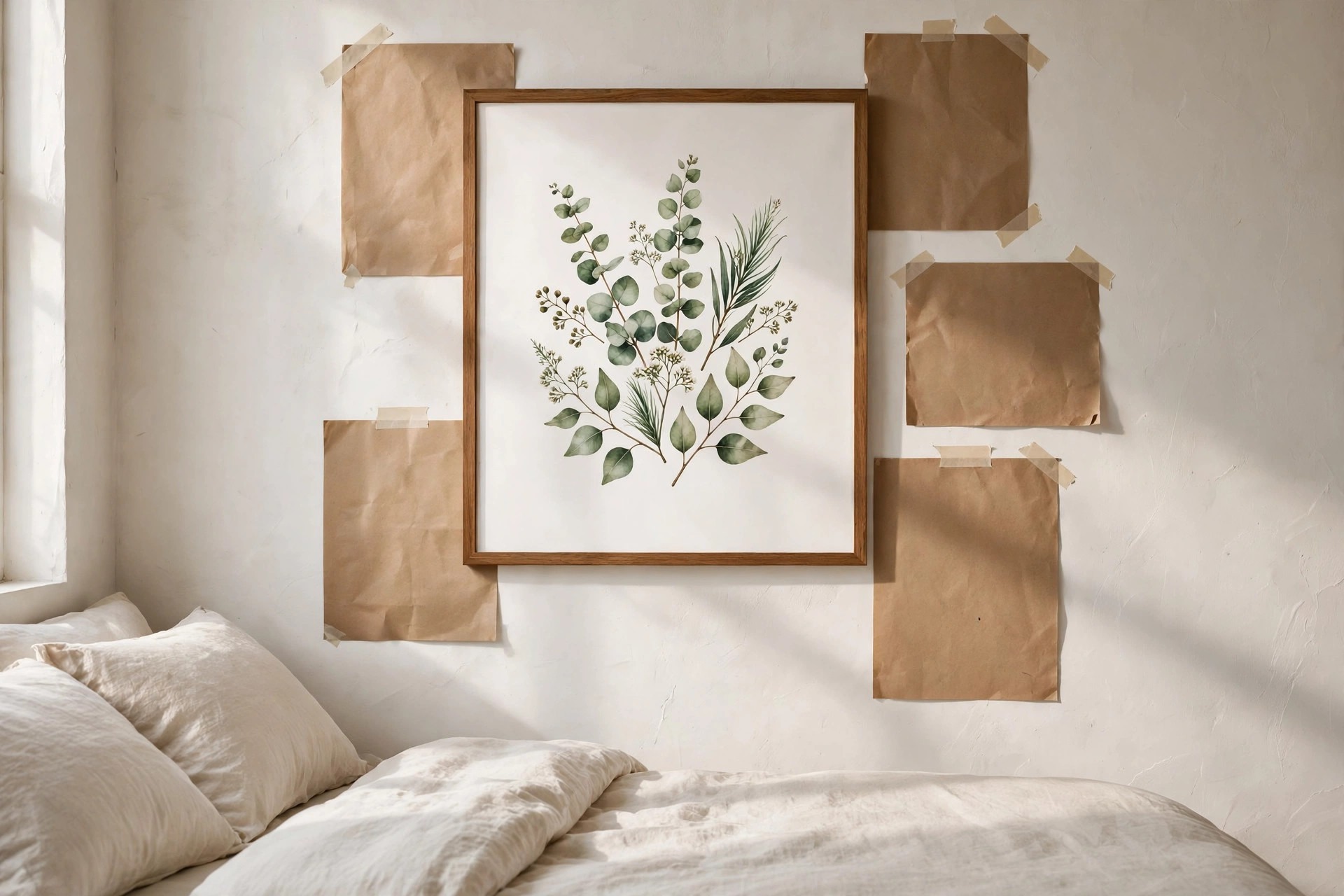 Large framed eucalyptus print hung in the center of a wall with brown paper templates still taped beside it