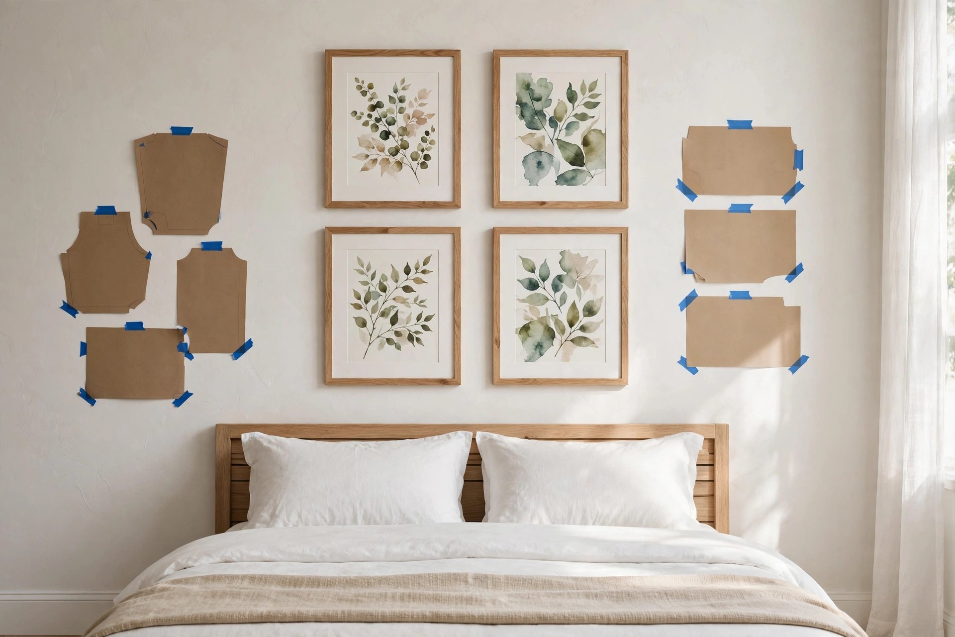 Four framed botanical prints hung in the center of a wall with paper templates taped on both sides