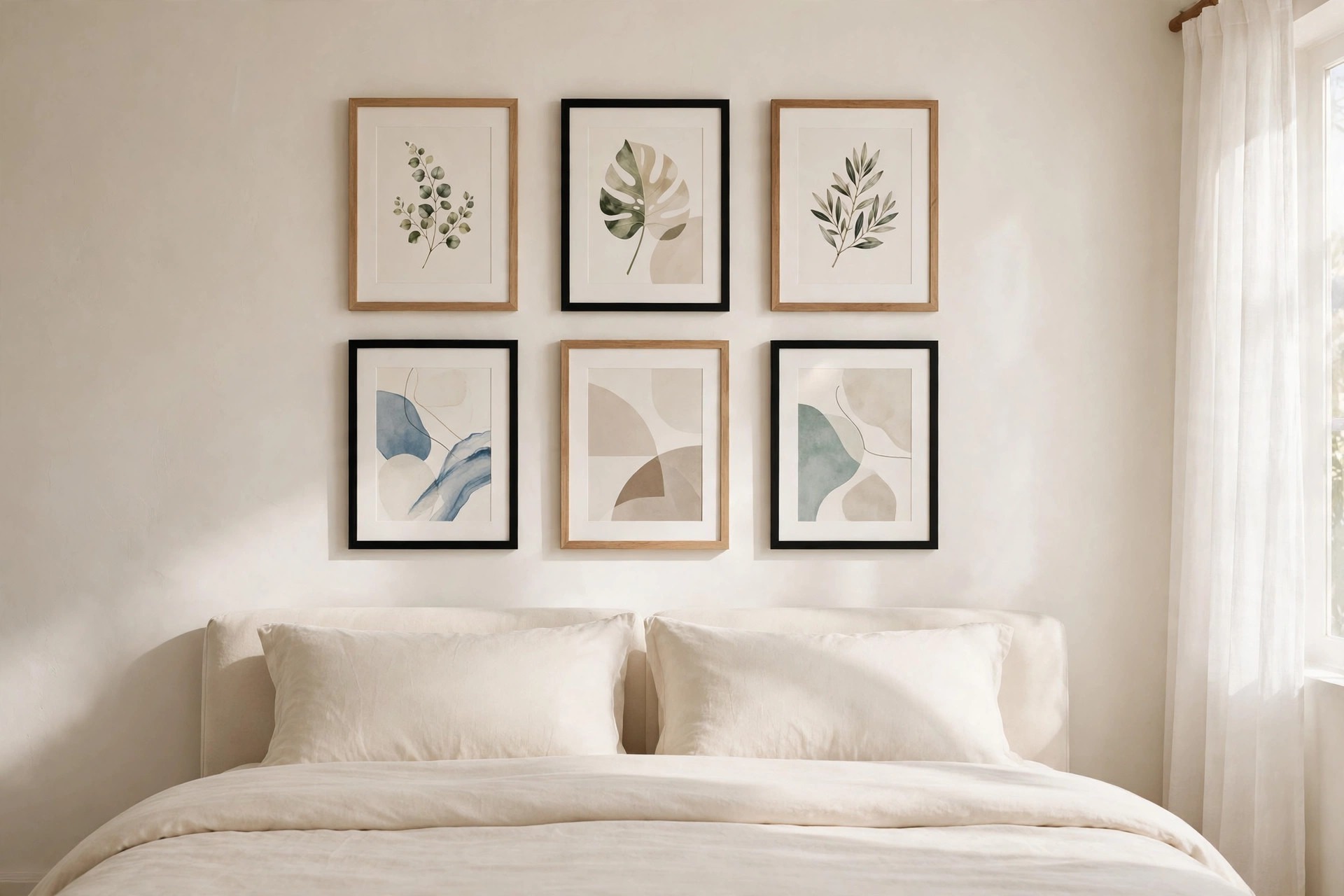 Finished neat gallery wall of six straight, even framed prints above a neatly made cream bed