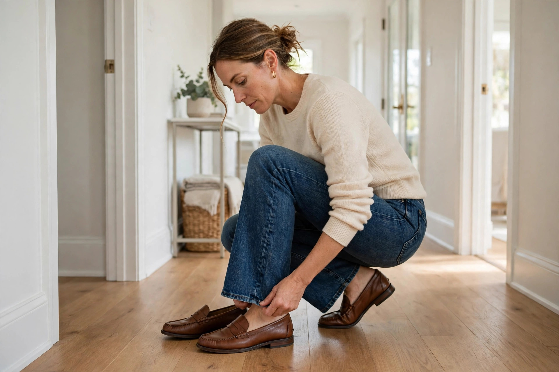 Woman putting on her loafers first on a hard floor before checking her jeans length