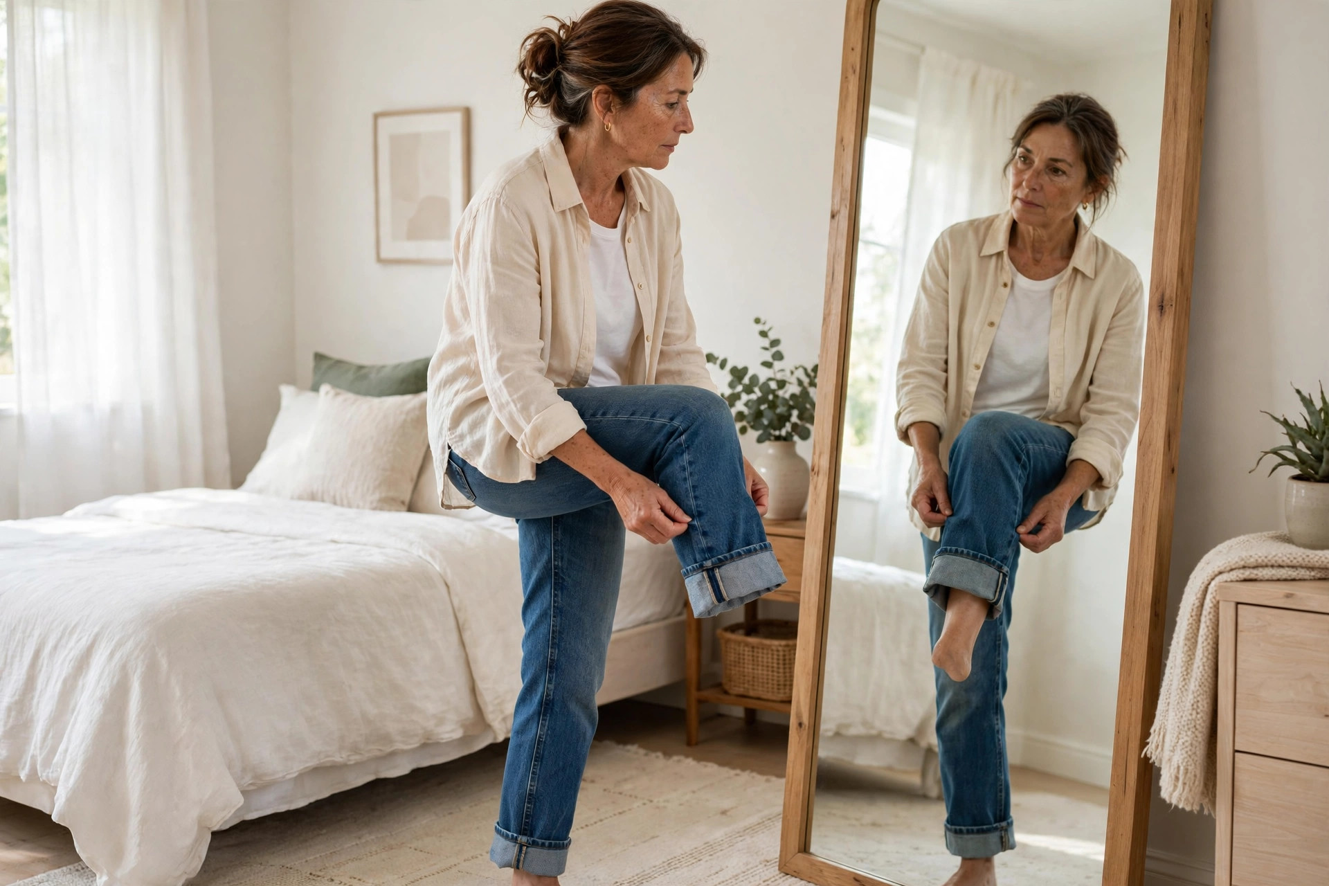 Woman with one jeans leg folded up and the other still long, comparing lengths at a mirror