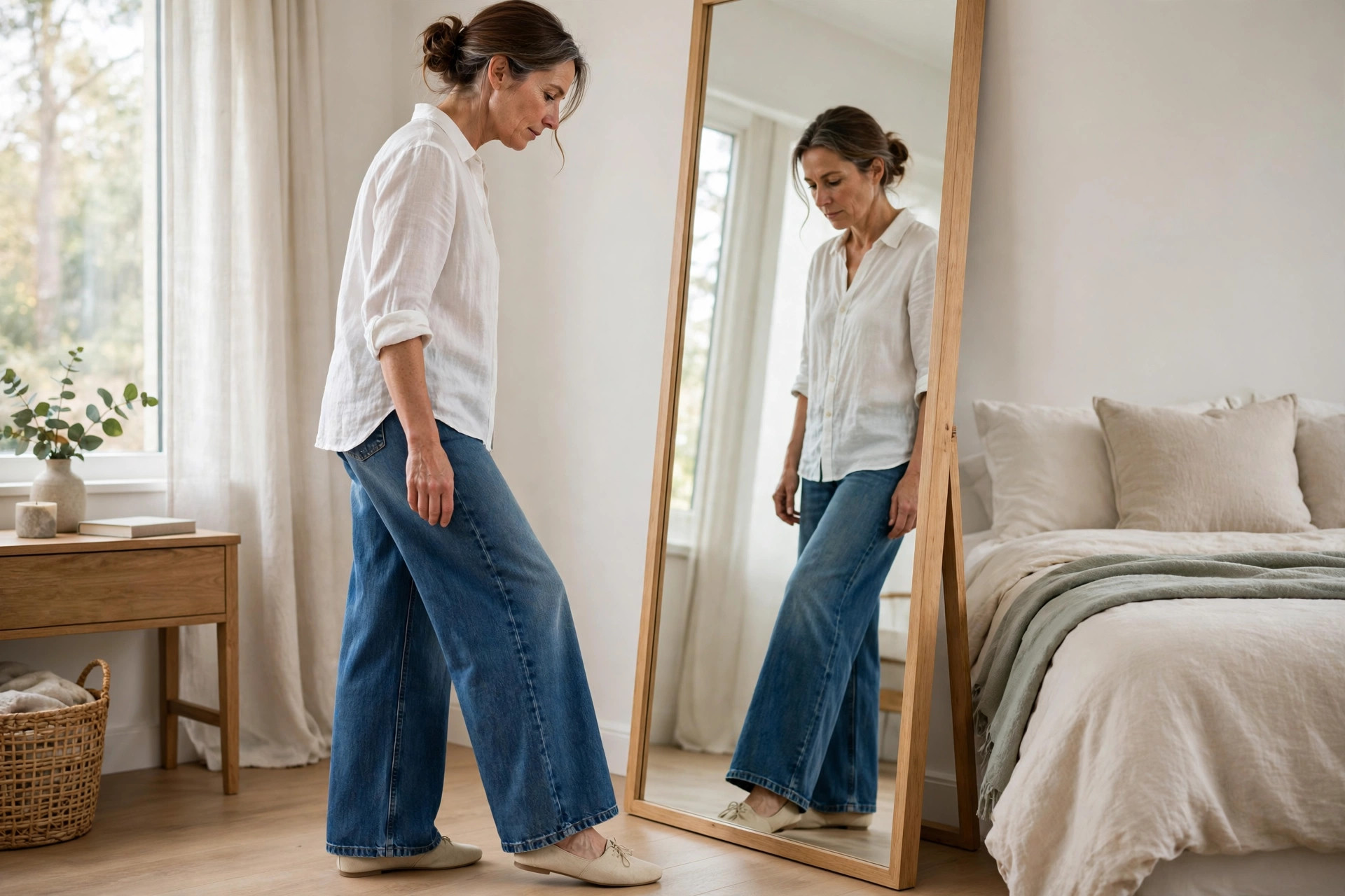 Side view of a wide leg jeans hem skimming the top of a flat shoe at a mirror