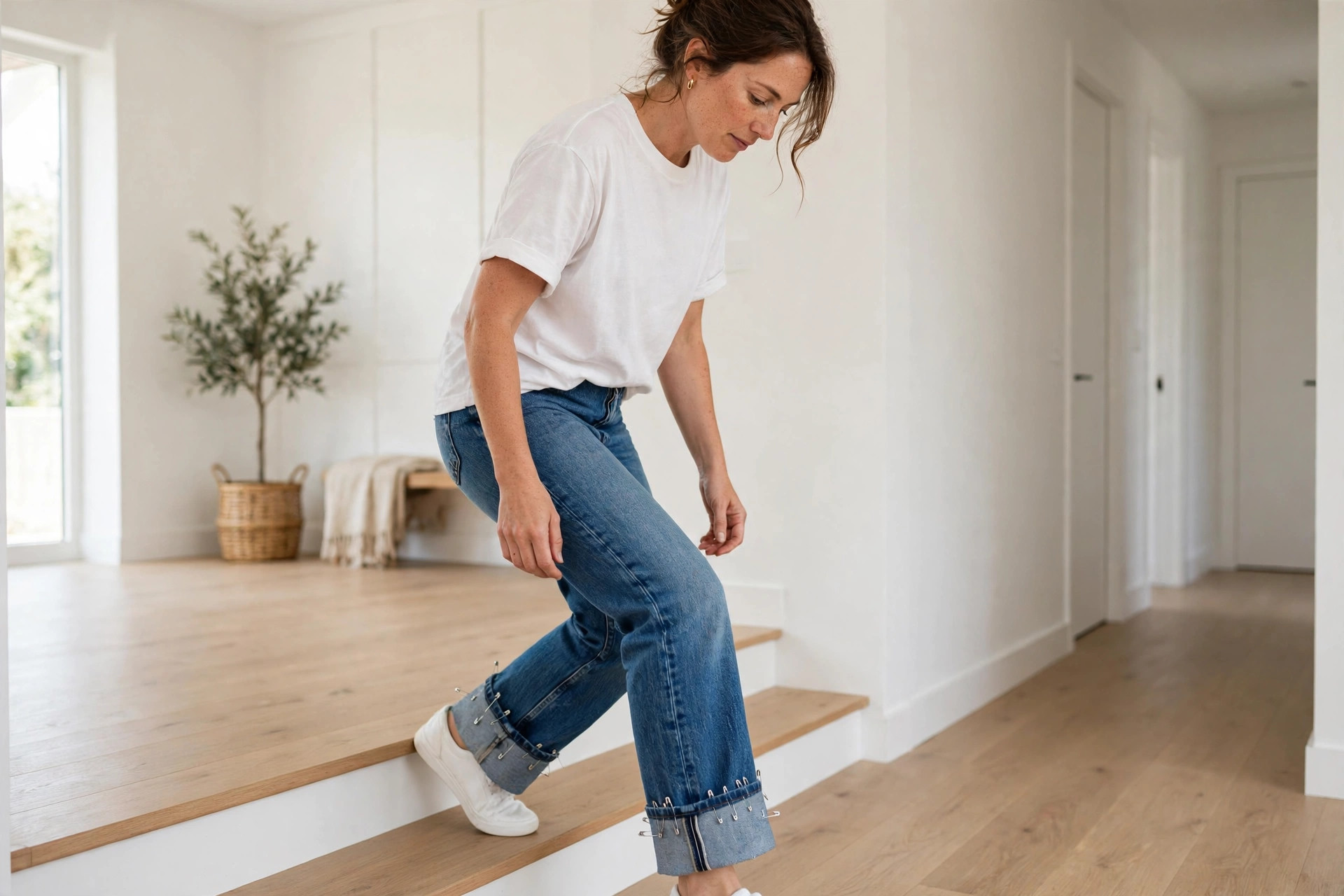 Woman stepping down steps in jeans with pinned cuffs to test the length