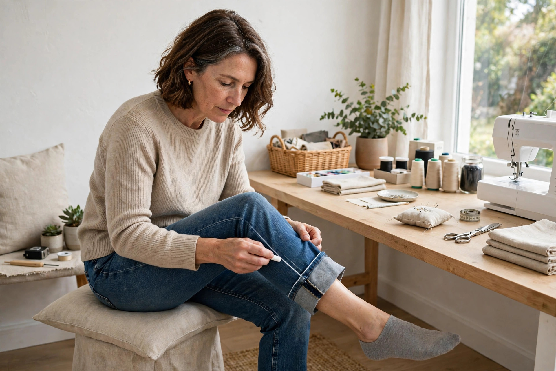Woman marking the fold line on her jeans with white tailor chalk at a sewing table