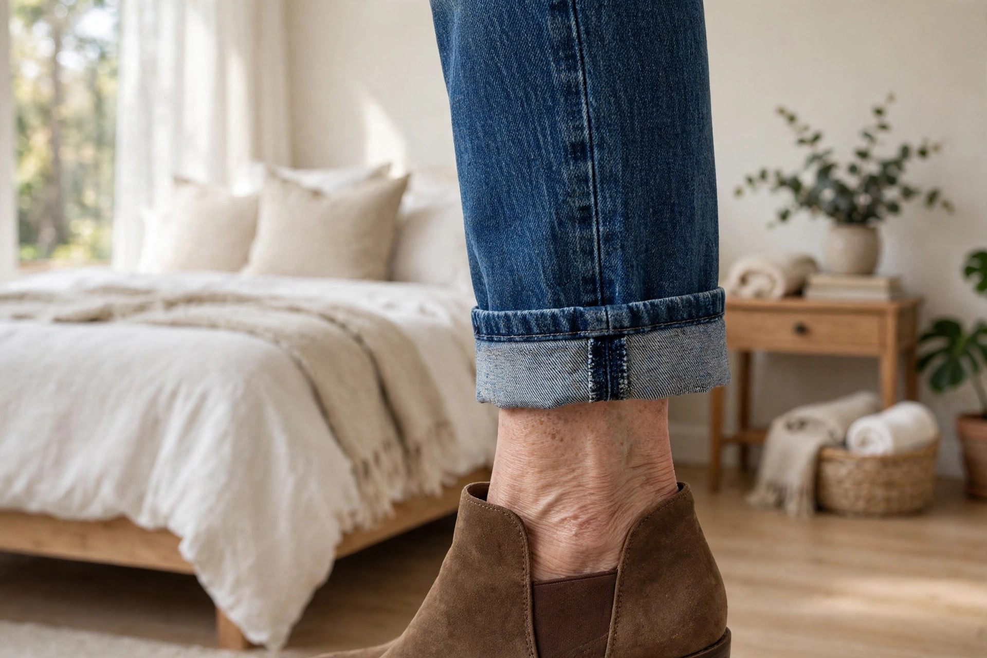 Close view of a double cuff on straight leg jeans above an ankle boot