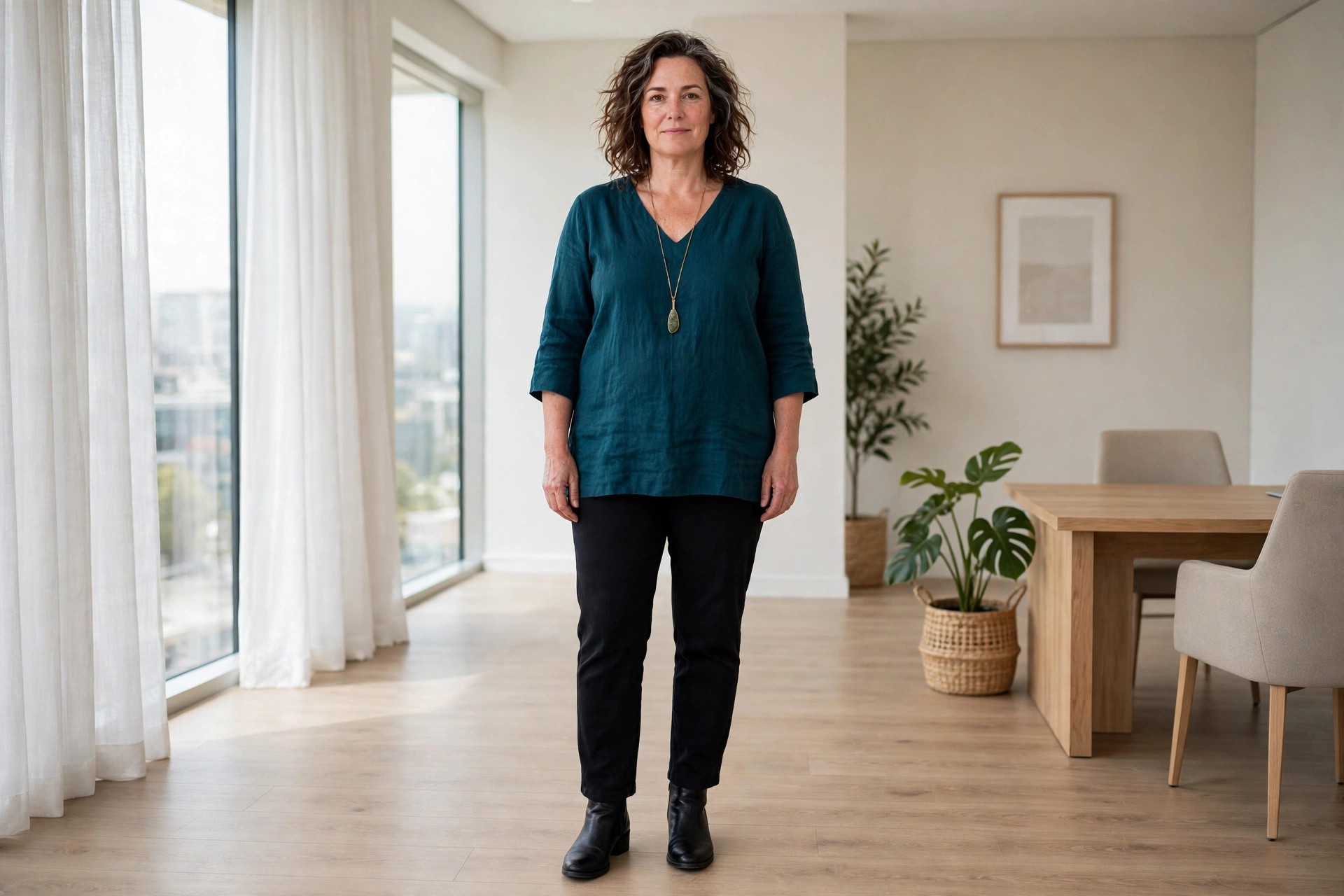 Apple shaped woman wearing a long open cardigan over a simple top and trousers