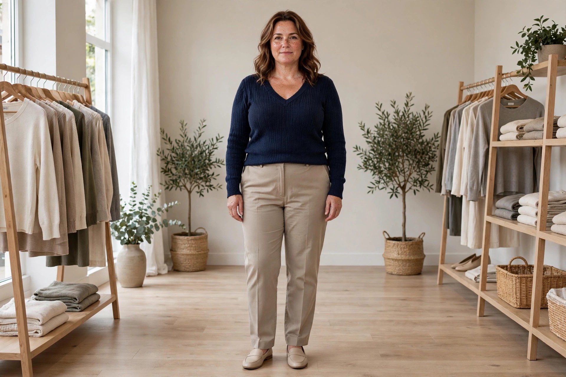 Woman wearing a V-neck top that draws a long line down the chest