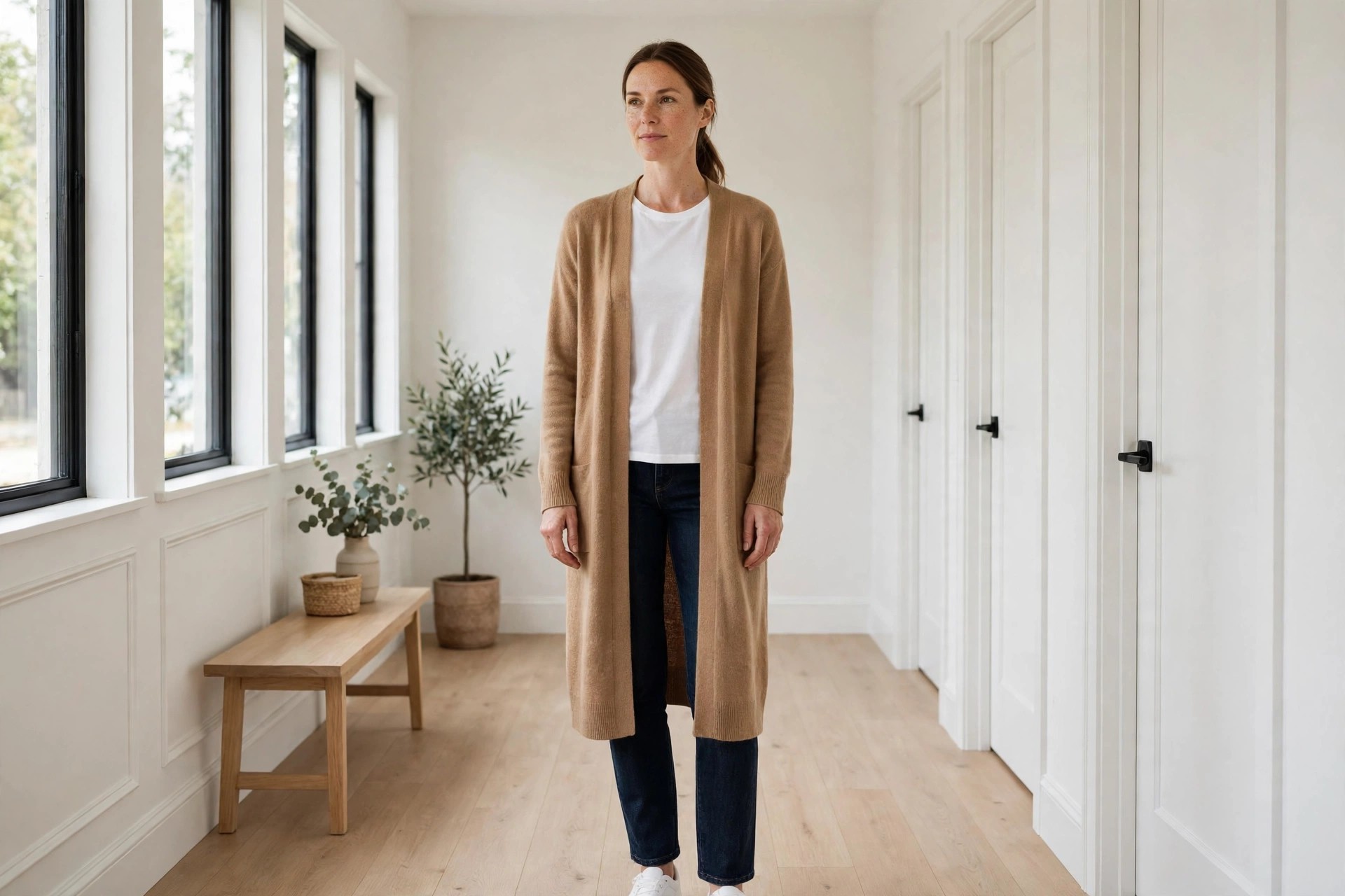Woman wearing an open long layer over a fitted top and trousers