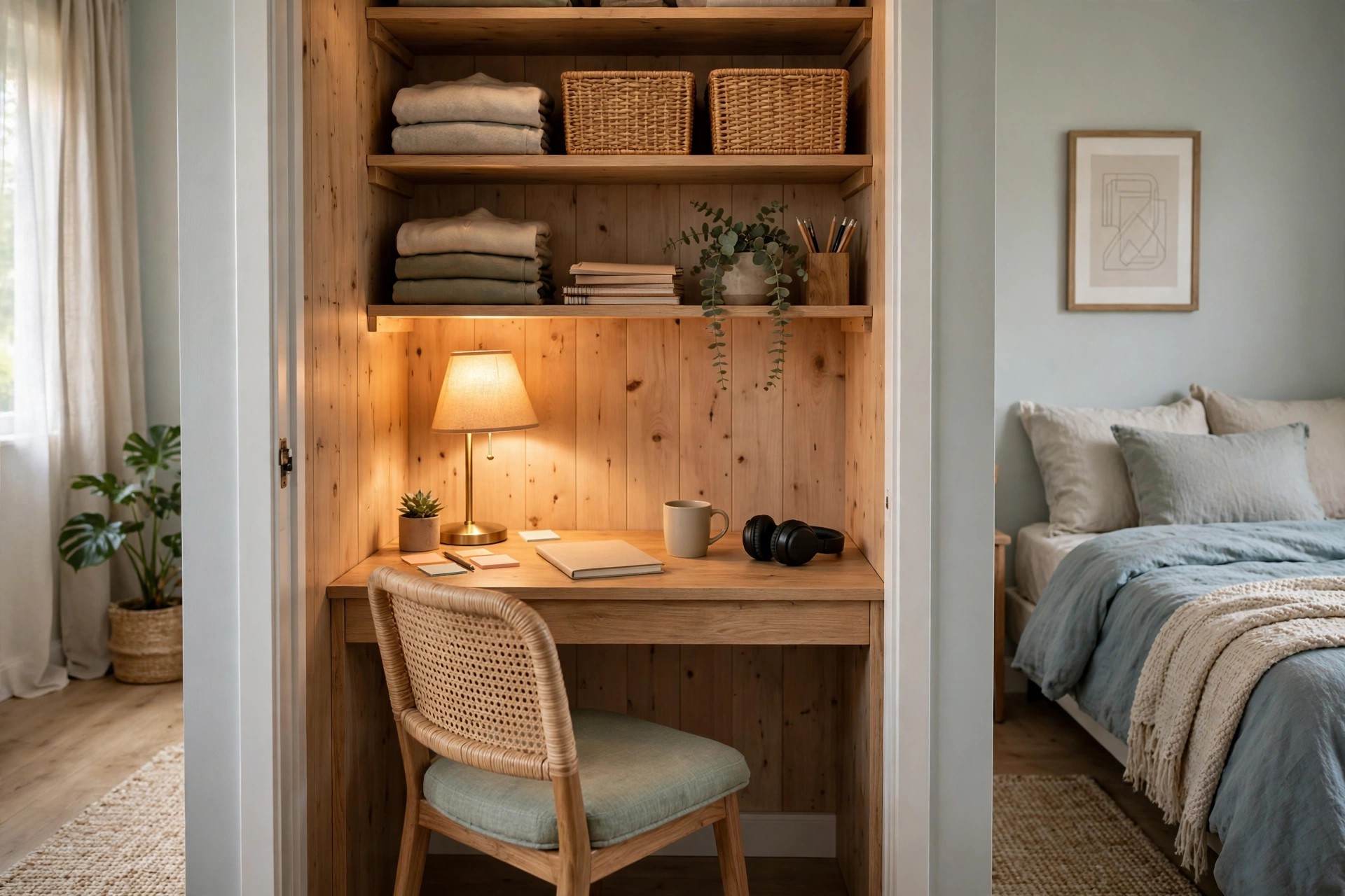 Closet converted into a desk nook with shelves inside the frame in a teen bedroom