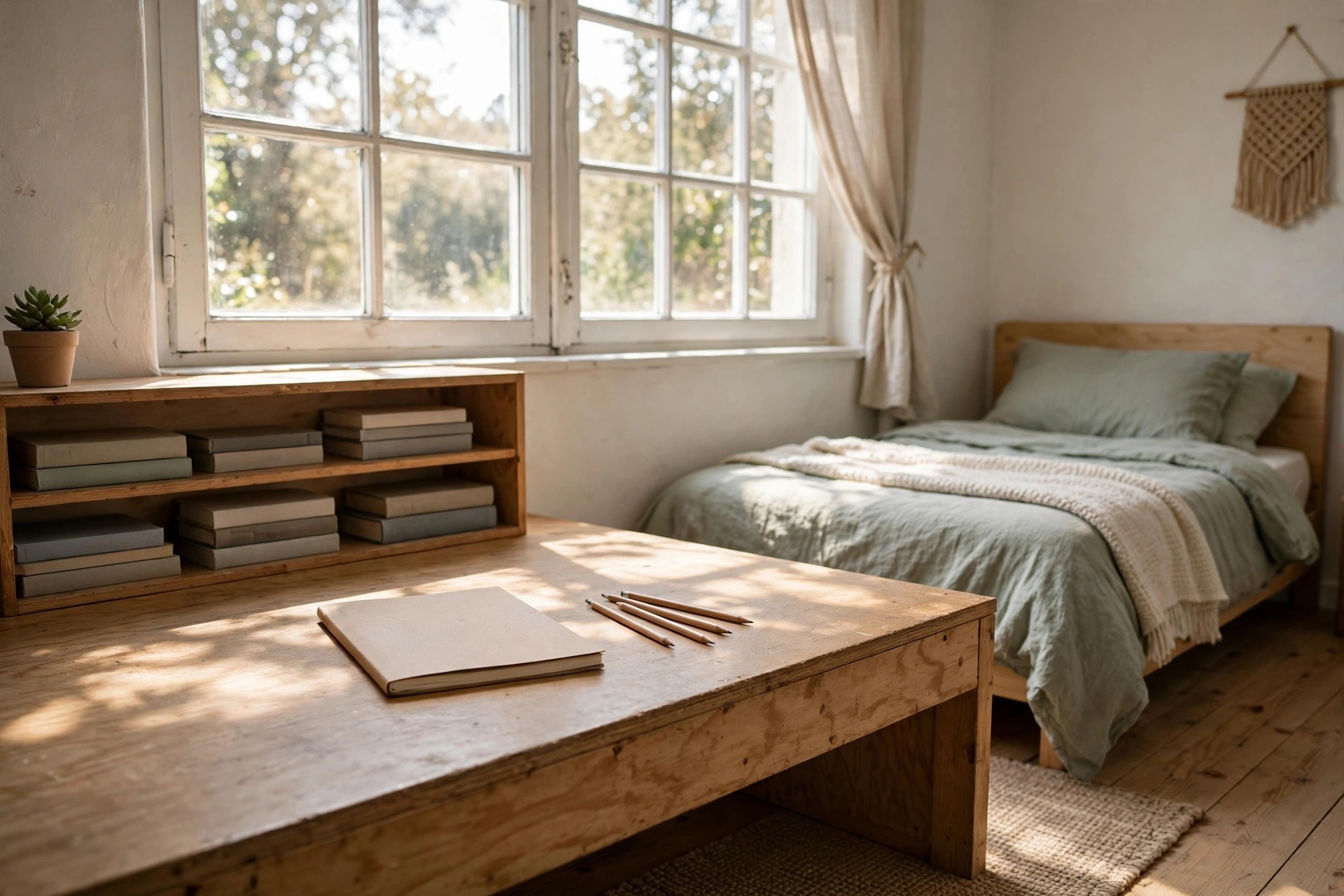 Low desk under a bright window in a small teen bedroom with a plant on the corner