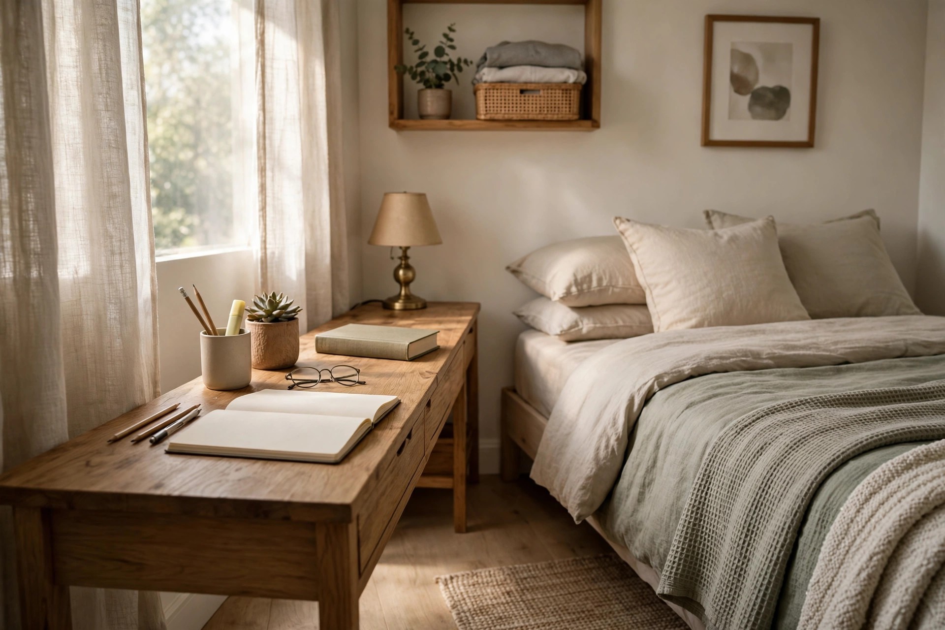 Narrow desk beside a teen bed doubling as a nightstand with a lamp and book tray