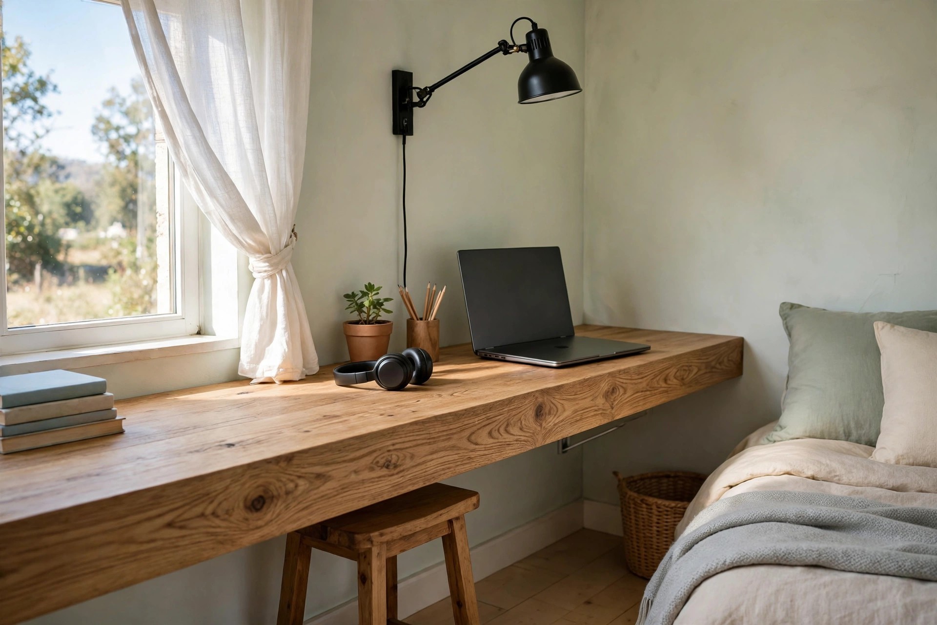 Floating shelf at desk height used as a legless desk in a tiny teen bedroom