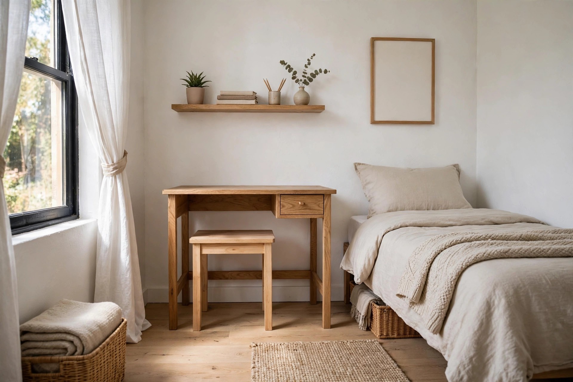 Padded stool tucked fully under a small desk in a tidy teen bedroom
