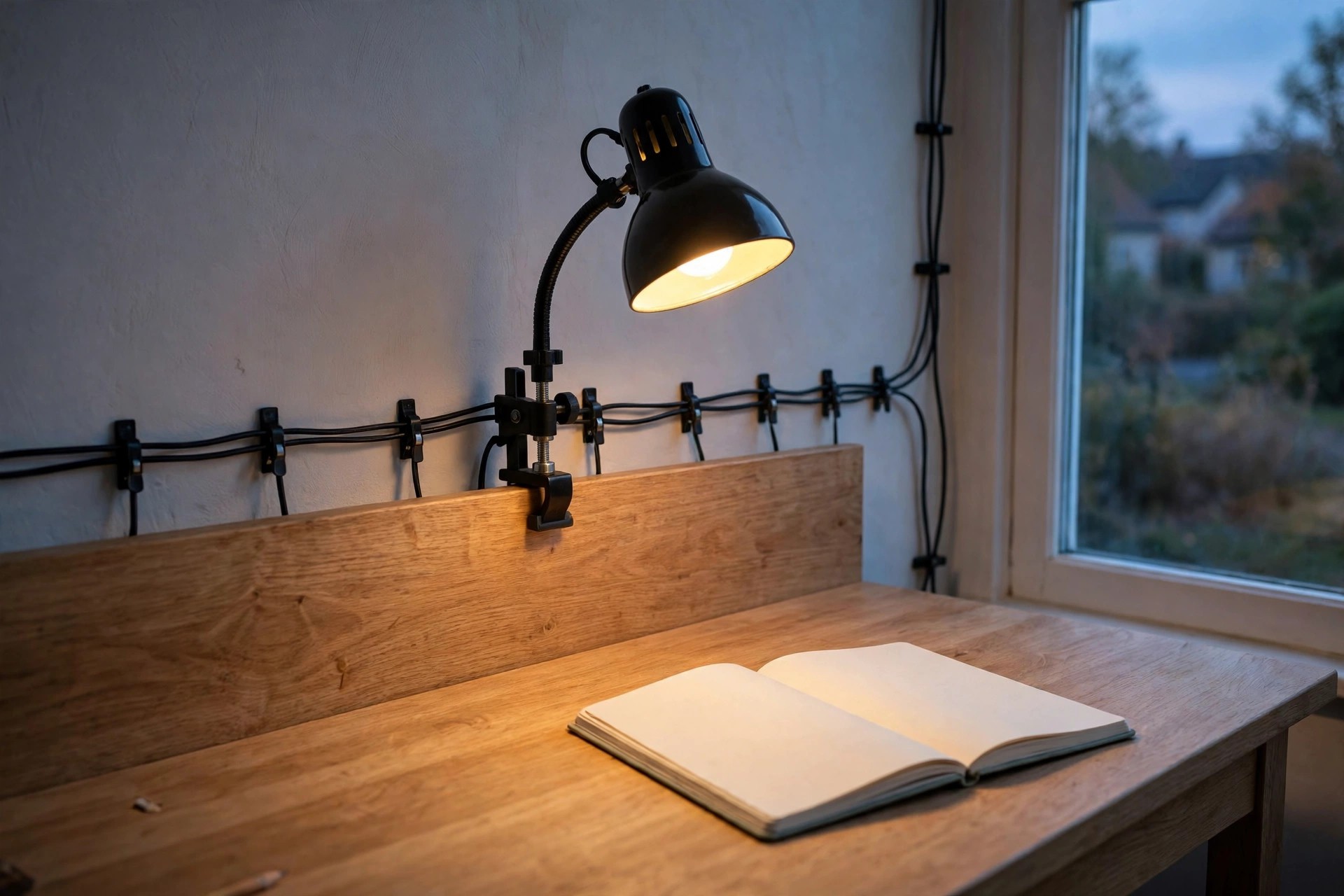 Desk with a clamp lamp on the back edge and cables clipped in one line down the wall
