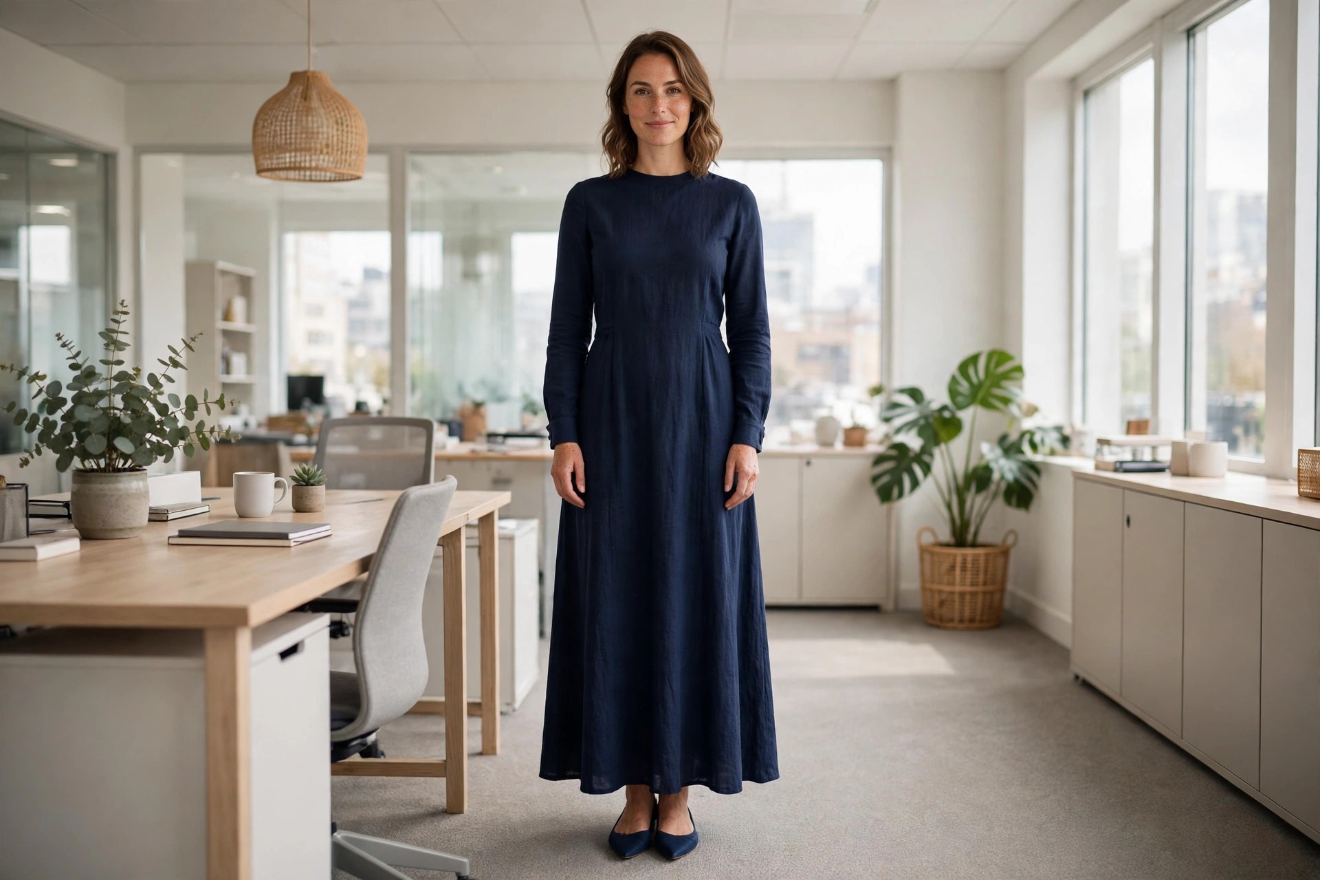 Woman wearing a navy long sleeve maxi dress with pointed flats in a bright tidy office