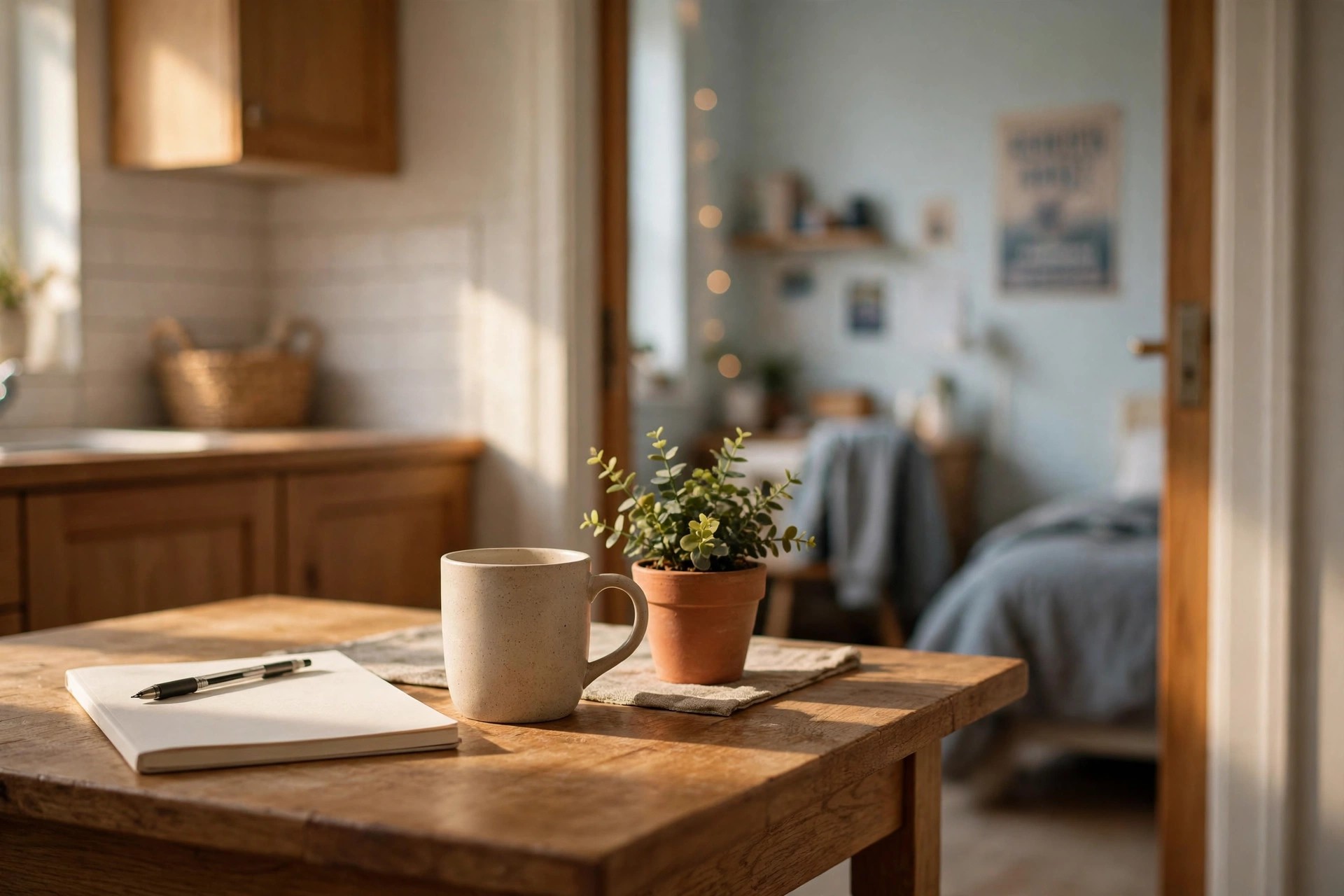 Notebook with a bedroom budget list on a teen desk beside a small plant