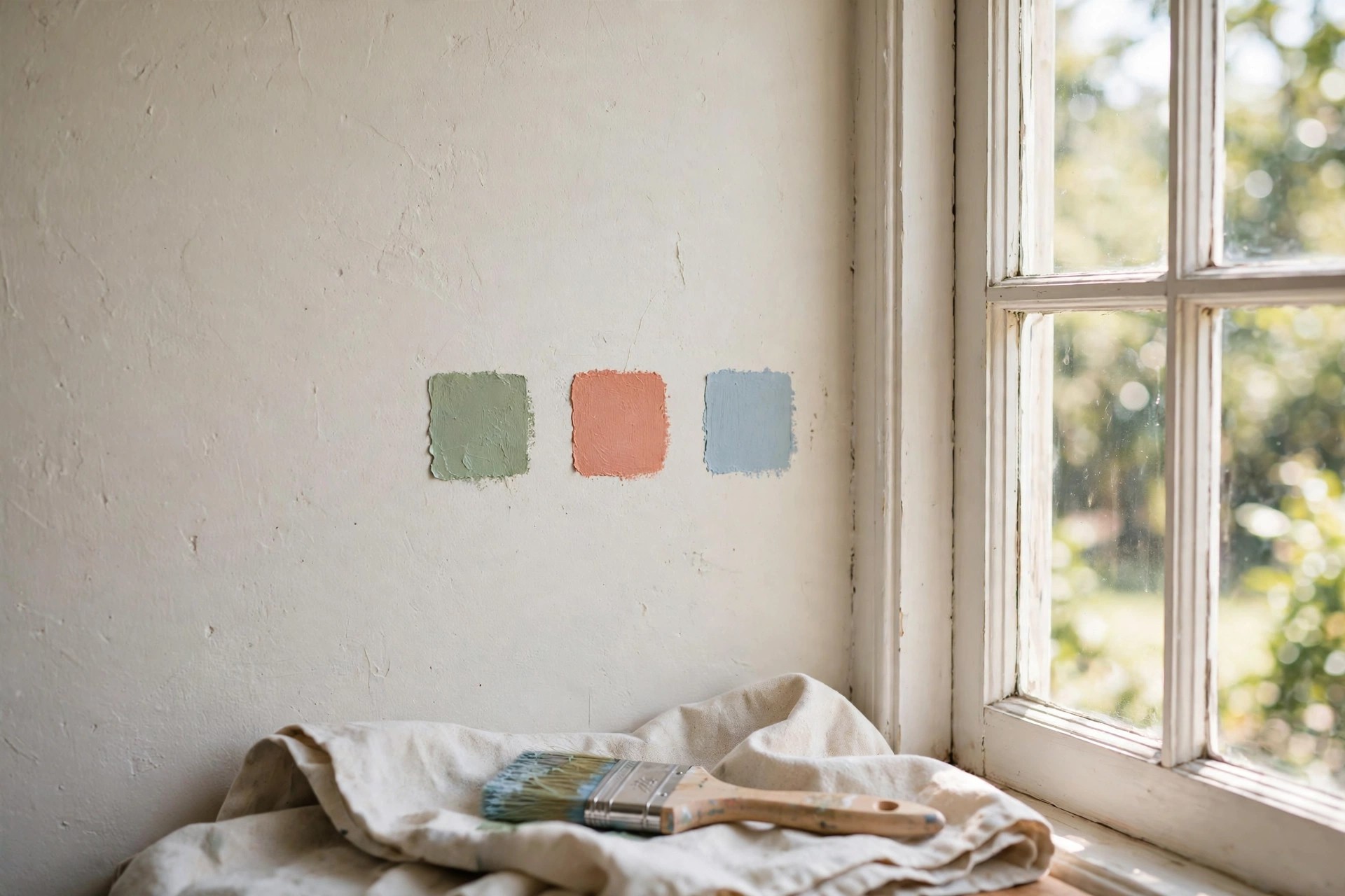 Bedroom wall with three large paint test patches in different shades beside a window