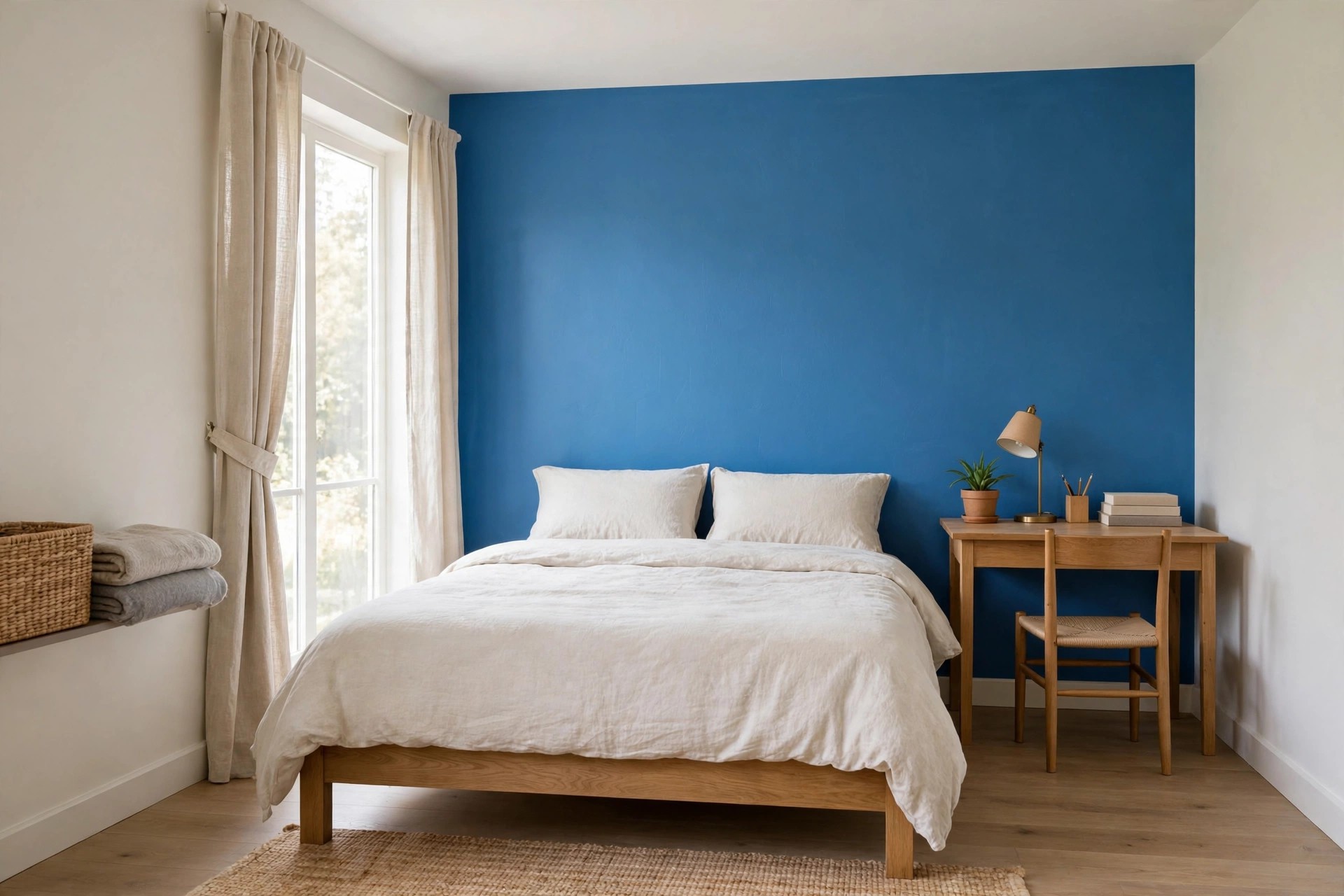 Teen bedroom mid-refresh with painted walls done and bedding choices laid on the bed