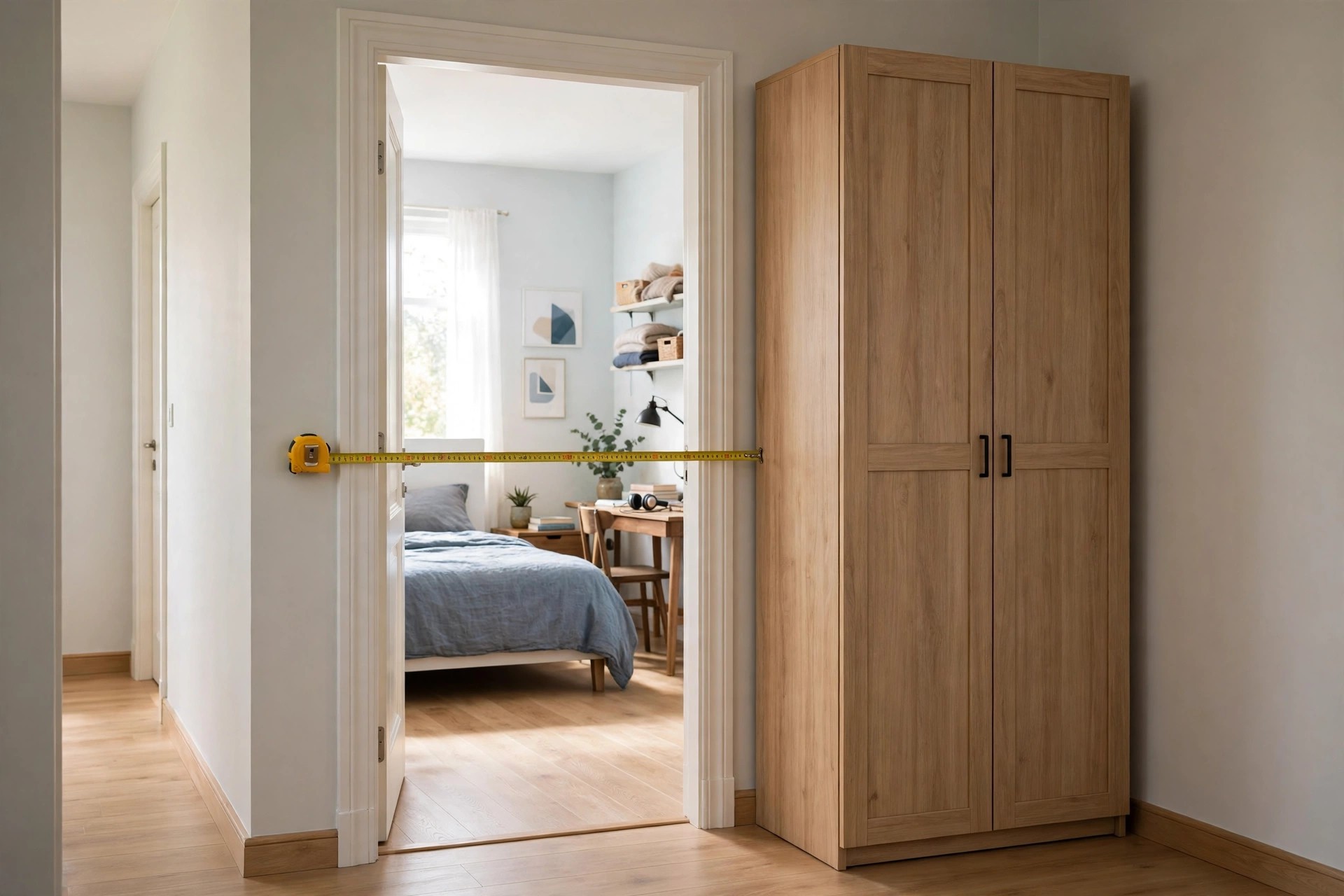 Tape measure across a bedroom doorway with a furniture route being checked