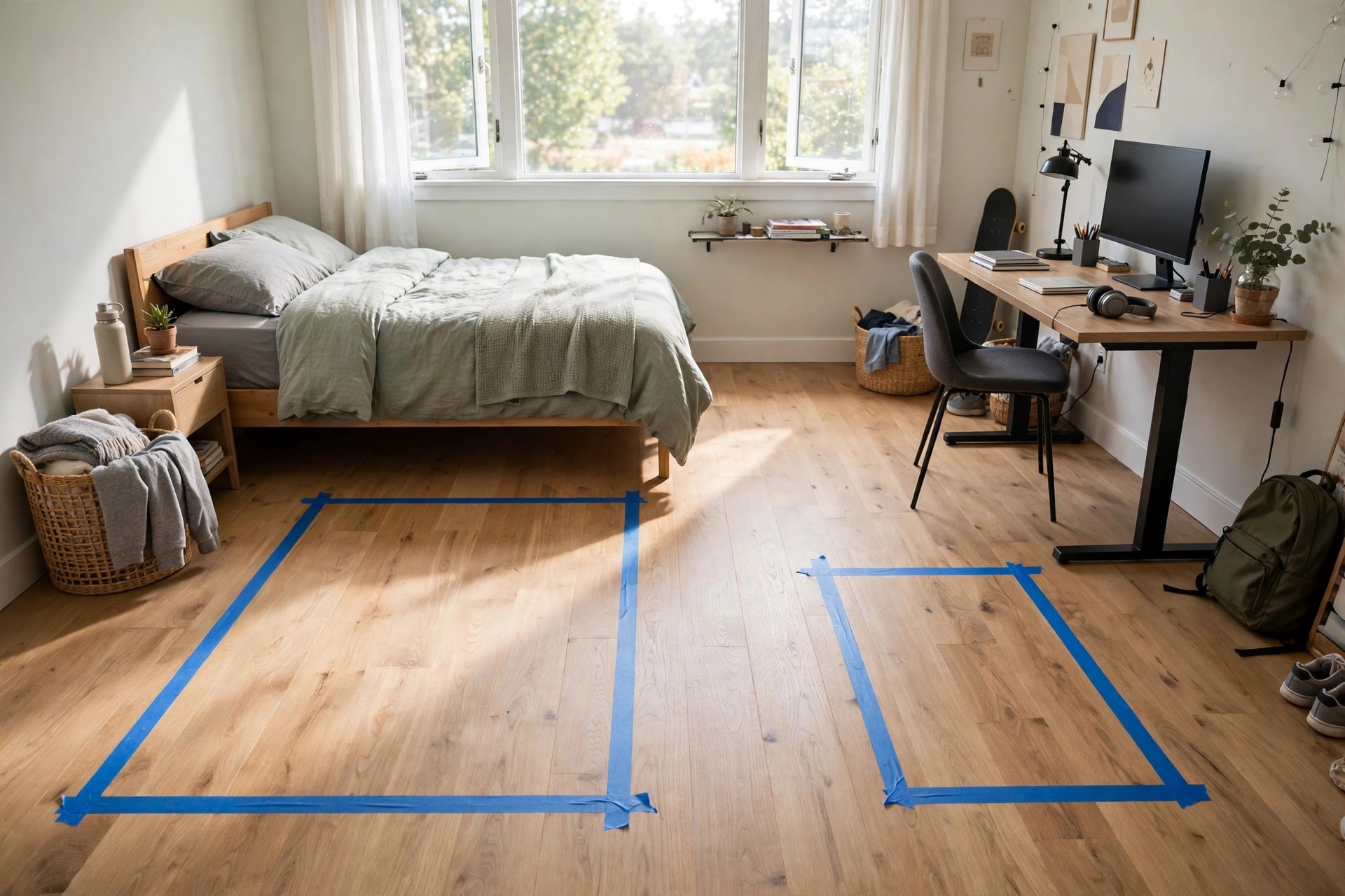 Teen bedroom floor with painter's tape outlines of bed and desk before furniture moves