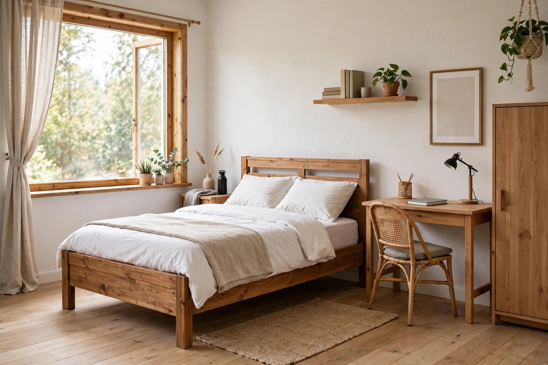 Teen bedroom with one standout hero chair and the rest of the furniture plain and simple