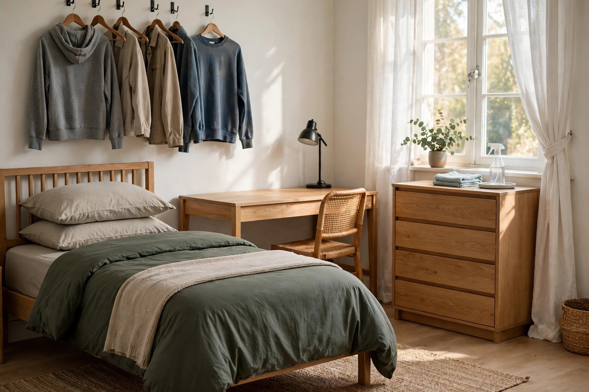Neatly kept teen bedroom with bed made, floor clear and desk reset for the night