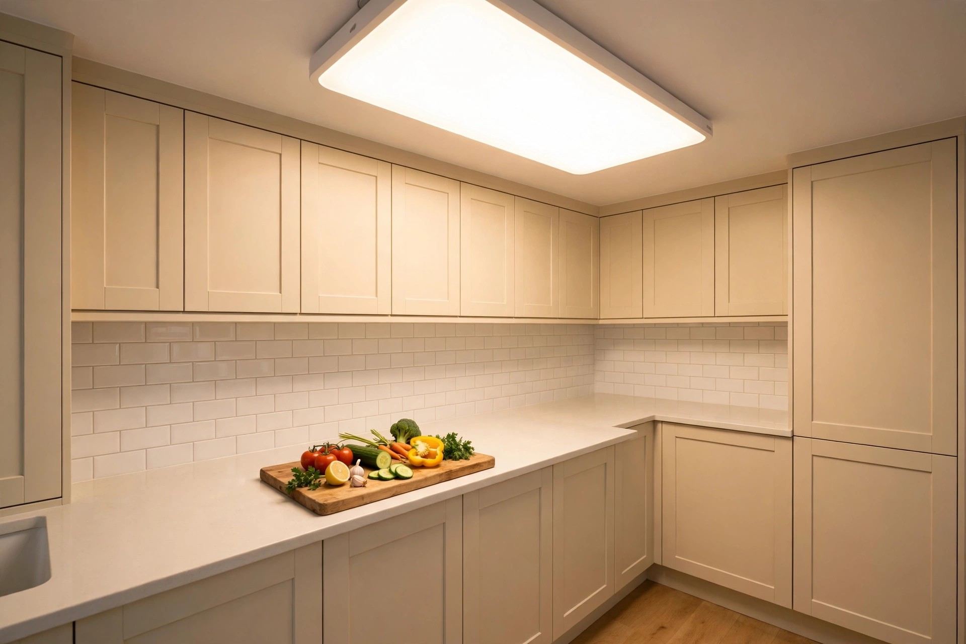 Bright LED ceiling panel lighting a cream kitchen counter with a chopping board of fresh vegetables