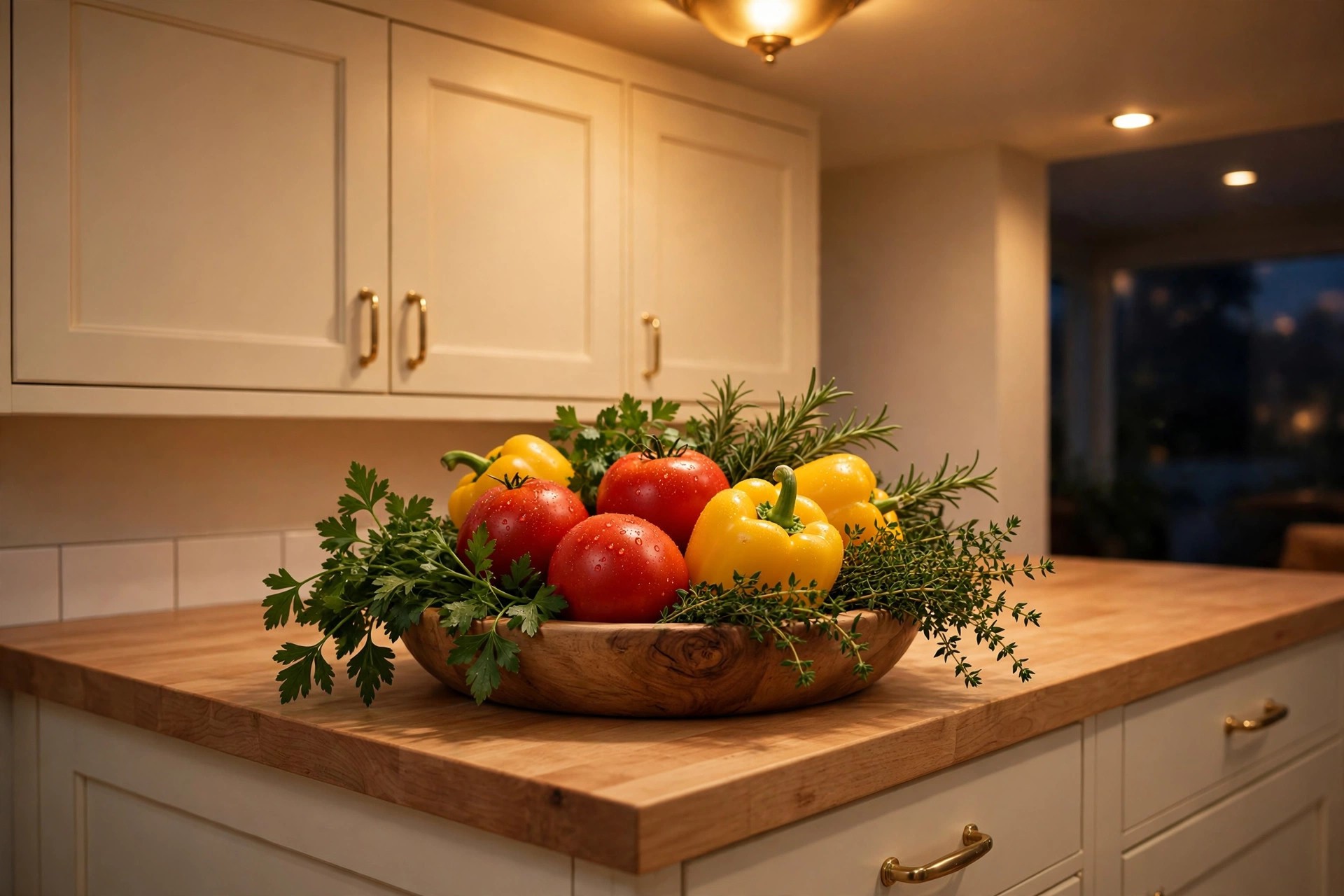 Wooden bowl of tomatoes, peppers and herbs on a wood counter under warm golden ceiling light