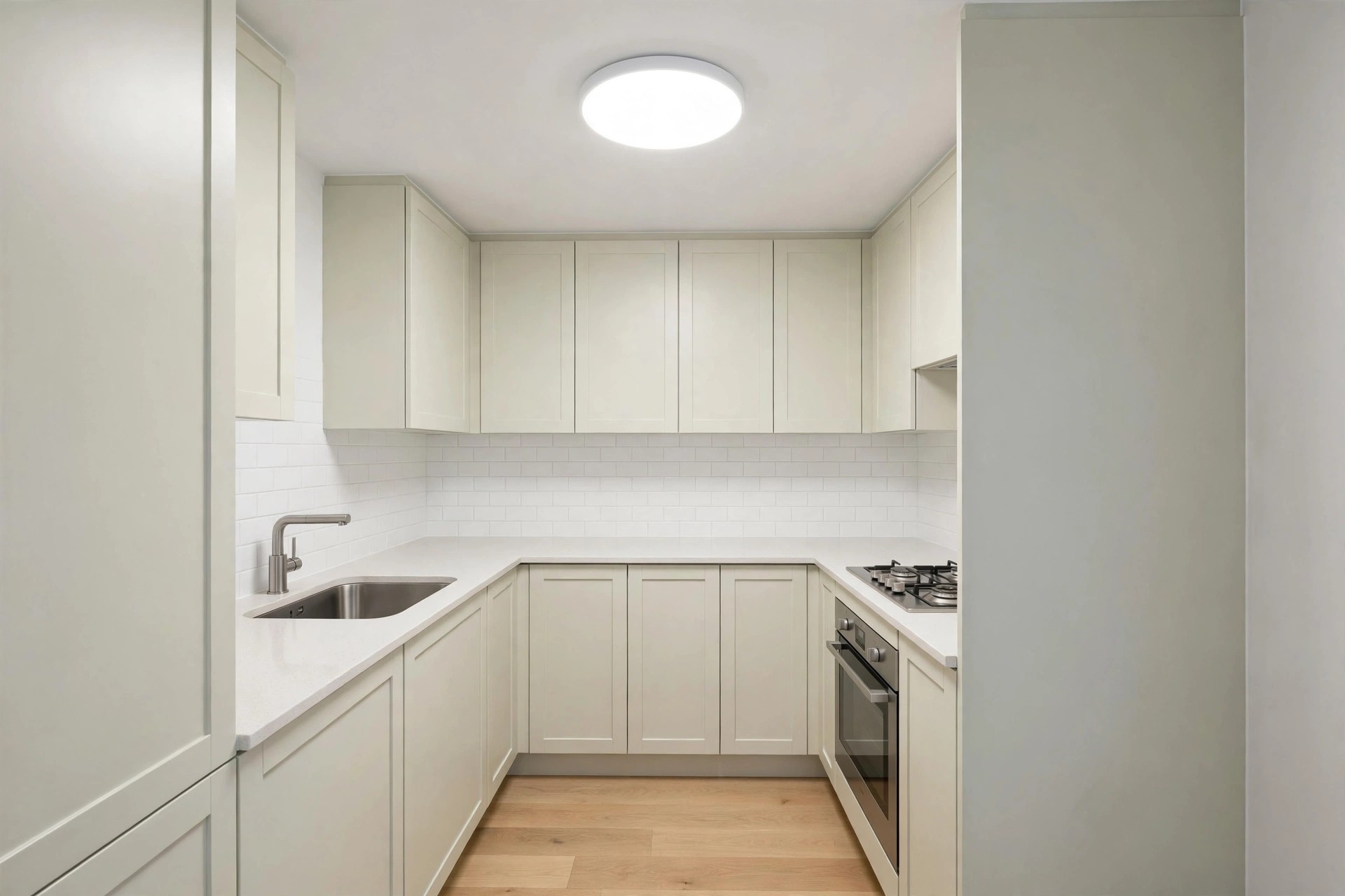 Round white flush mount ceiling light spreading even light across a small cream U-shaped kitchen