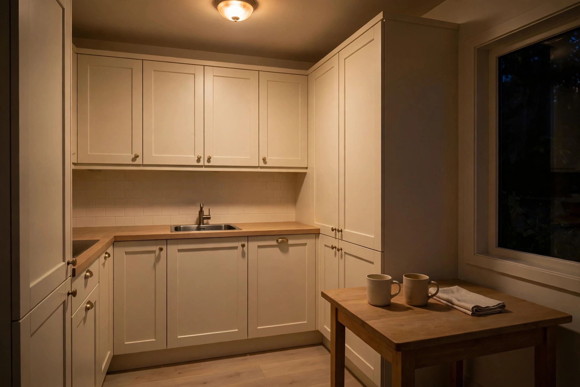 Small kitchen at night with a single ceiling light dimmed to a soft warm glow and a table with two mugs