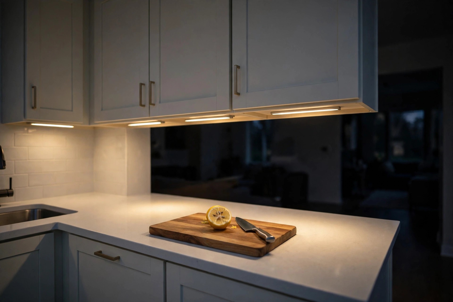 LED light bars glowing under wall cabinets onto a white counter with a chopping board and lemon