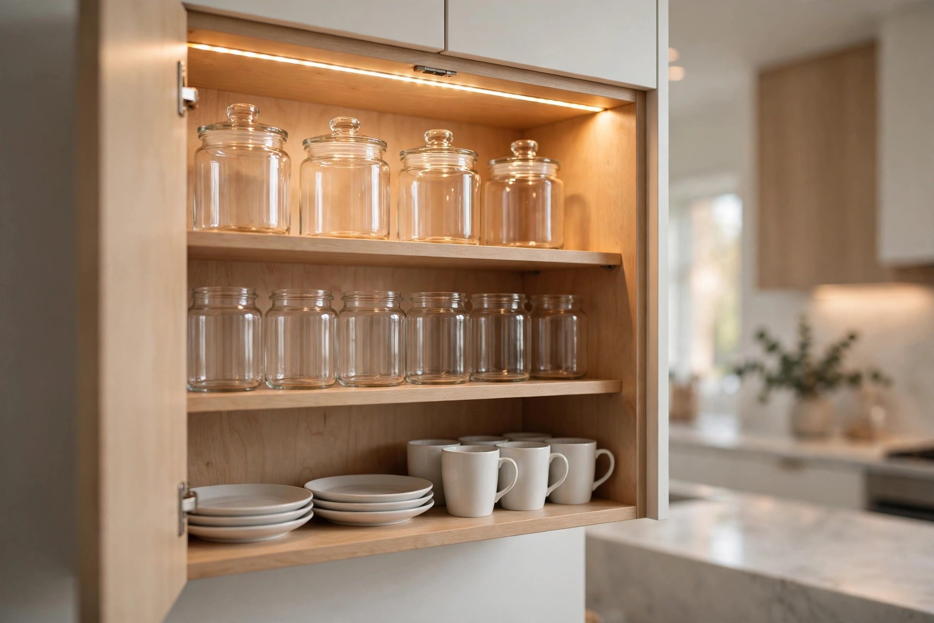 Open kitchen cabinet with a warm light strip inside, neat glass jars, plates and mugs on the shelves