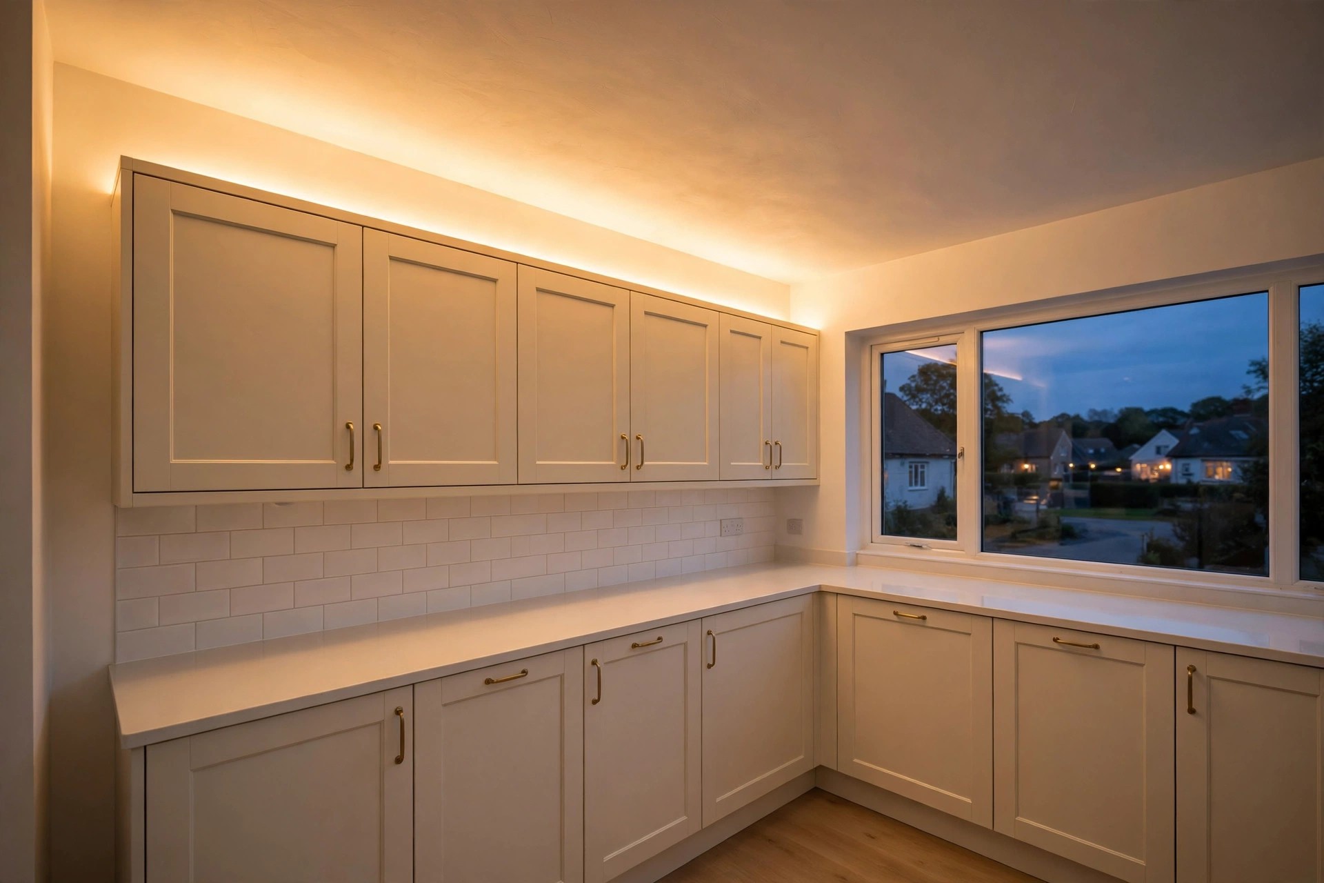 Warm light glowing along the tops of cream wall cabinets and washing across the ceiling at dusk
