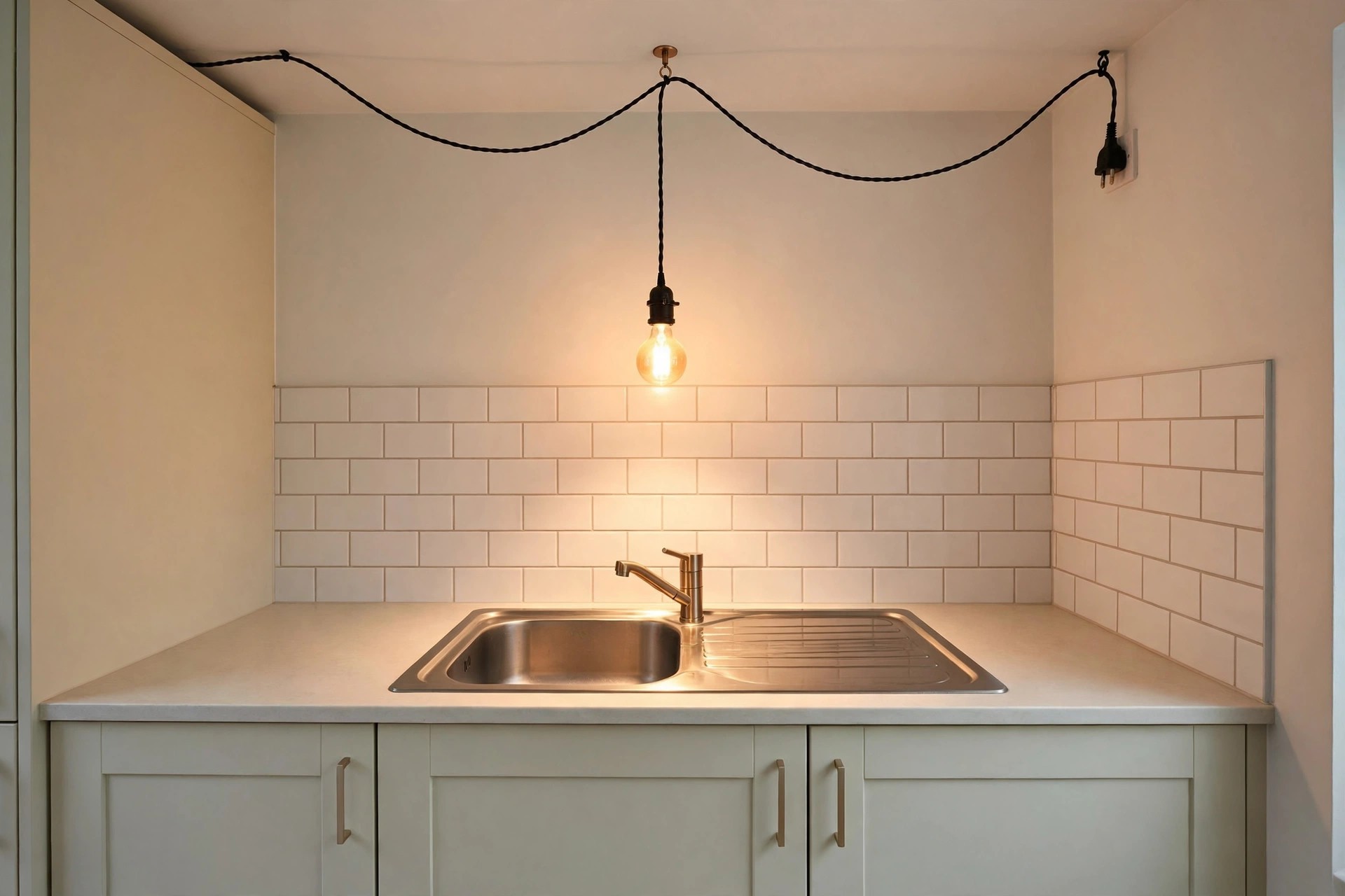 Plug-in pendant bulb hanging over a stainless sink, its cord swagged across the ceiling to a wall plug