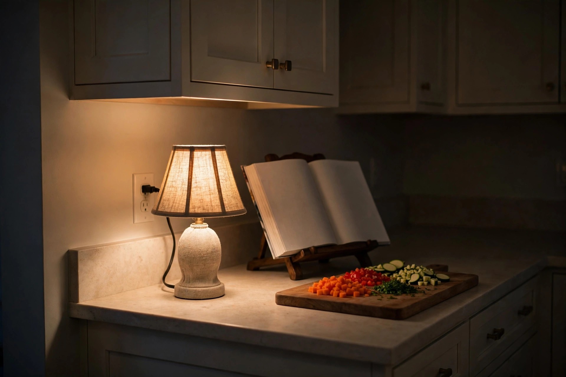 Small linen-shade lamp glowing on a kitchen counter beside a cookbook stand and a board of chopped vegetables