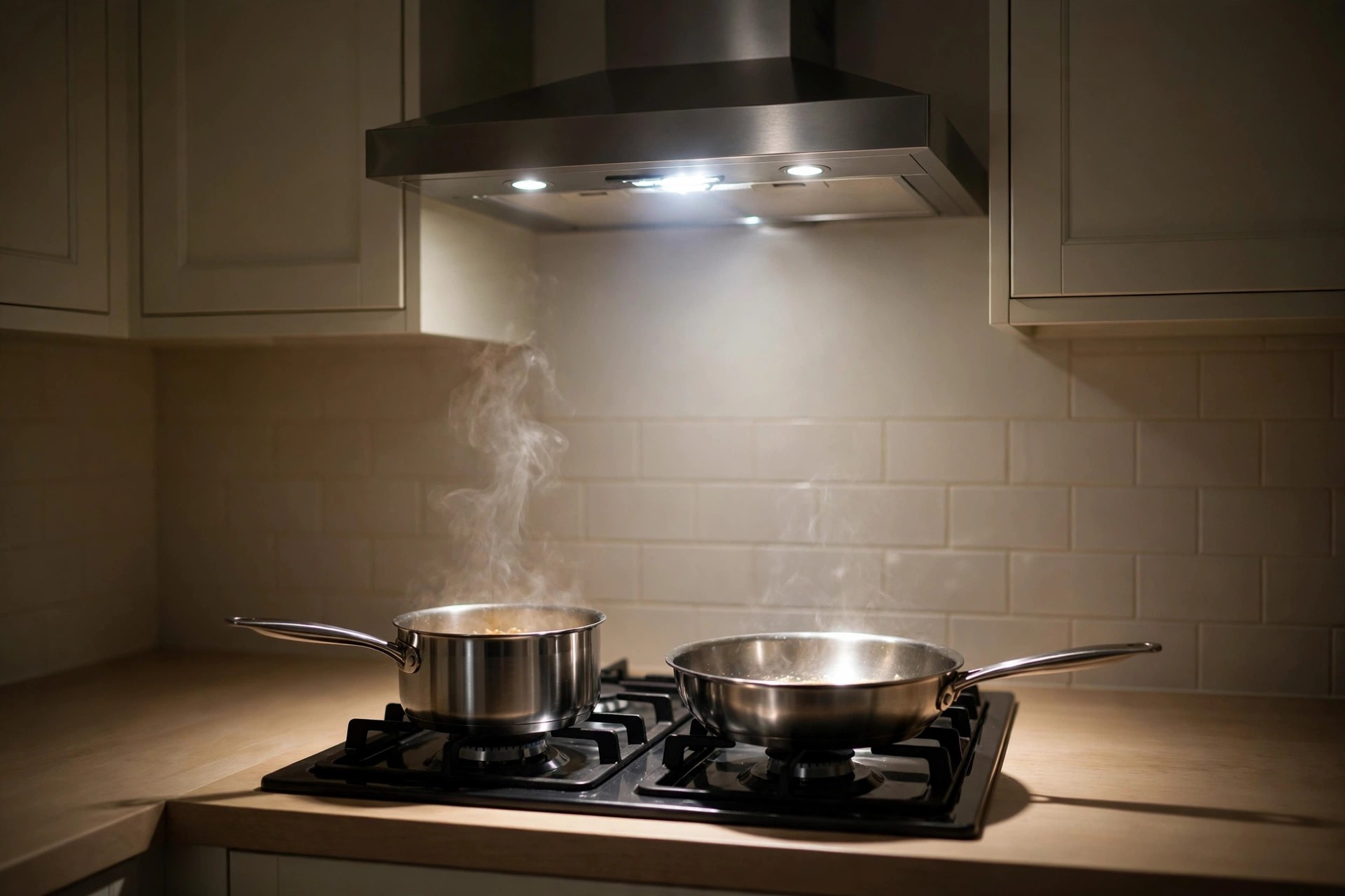 Range hood lights shining down on a saucepan and frying pan steaming on a gas stove