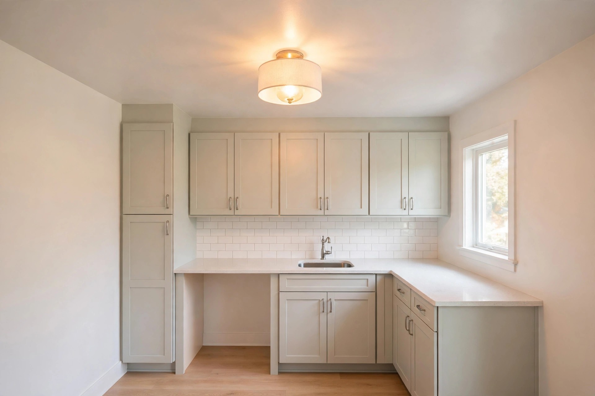 Small kitchen with a bright white ceiling and a warm drum ceiling light over cream cabinets