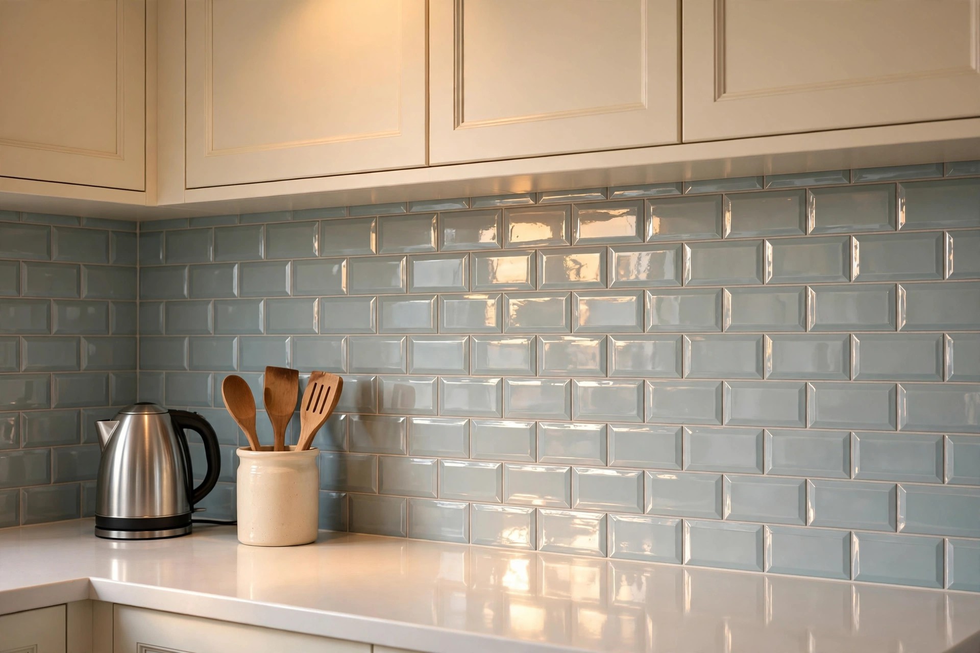 Glossy pale blue tile backsplash reflecting warm light onto a white counter with a kettle and utensil pot