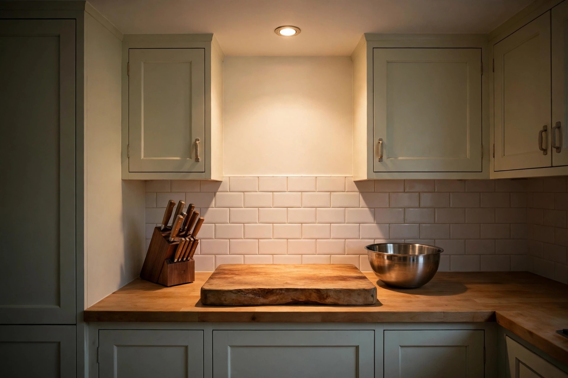 Chopping board, knife block and mixing bowl set in the bright pool of light under a ceiling light