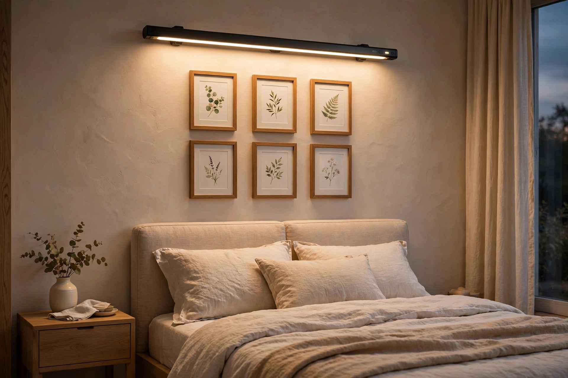 Six small framed botanical prints above a bed lit by one long black LED light bar