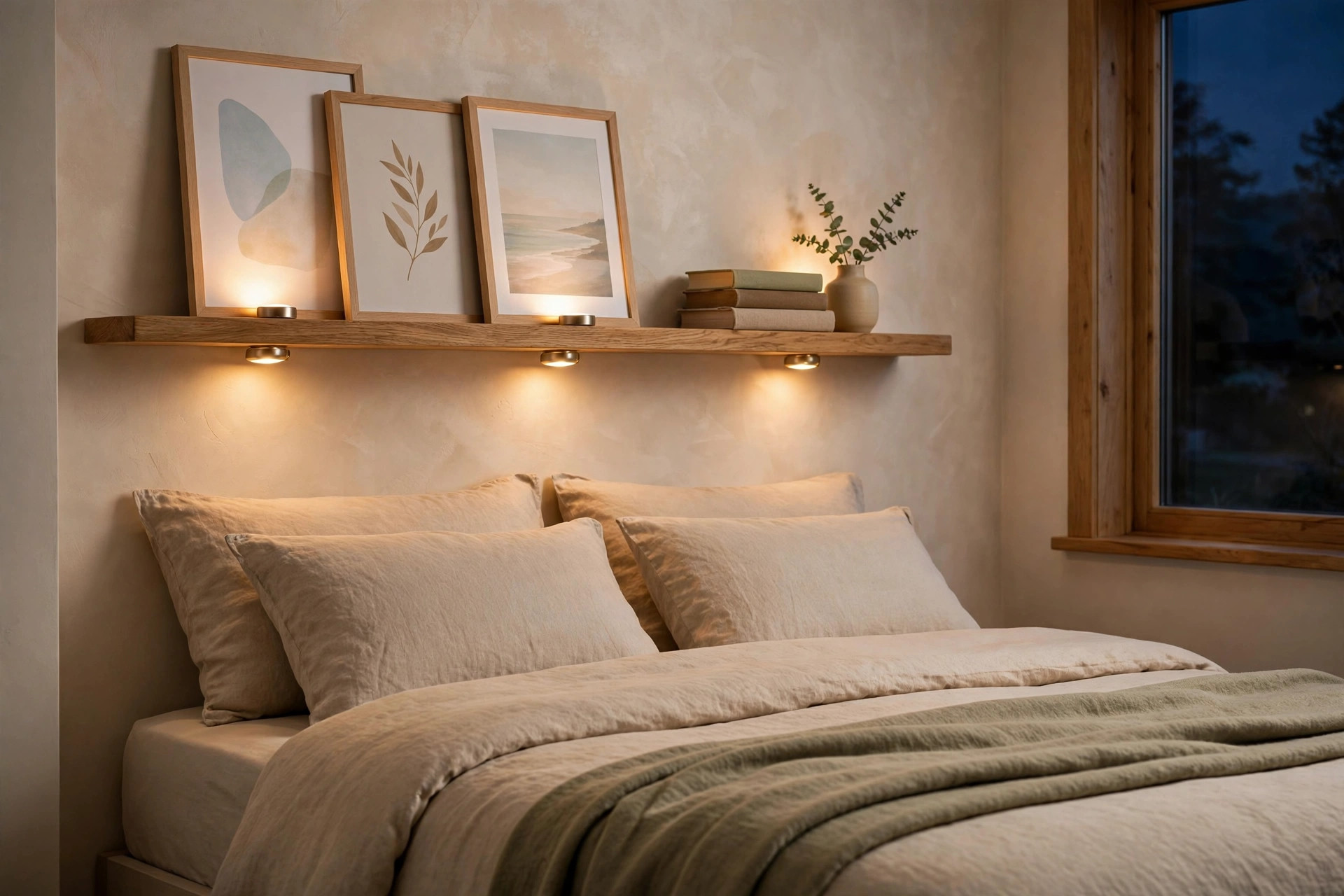 Three framed prints leaning on a wooden picture ledge above a bed with small puck lights under the ledge