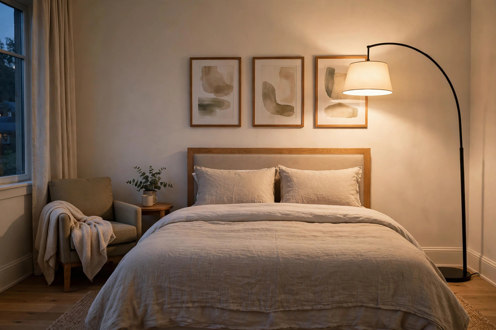 Three framed abstract prints above a bed washed with light from a black arched floor lamp