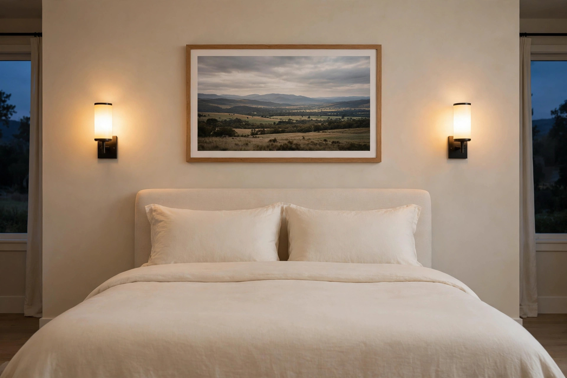 A wide framed landscape photo above a bed with a glowing wall sconce on each side of the frame