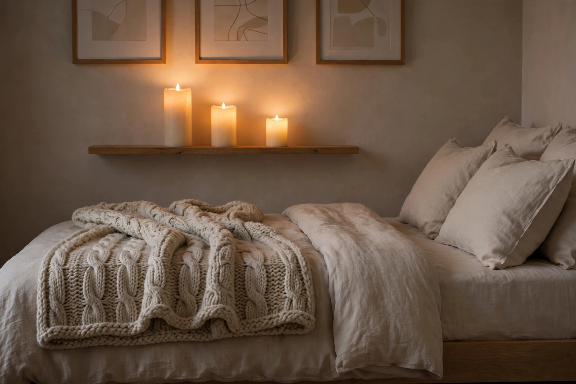 Three glowing flameless candles on a wooden shelf below three framed prints above a bed with a knitted blanket