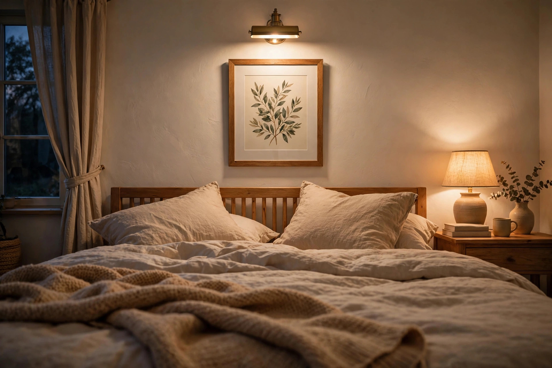 A framed botanical print above a wooden bed lit by a brass picture light, with a table lamp on the nightstand