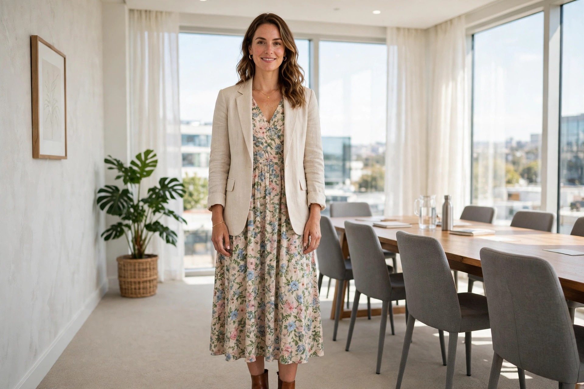 Woman wearing a floral midi dress with a linen blazer worn open in a meeting room