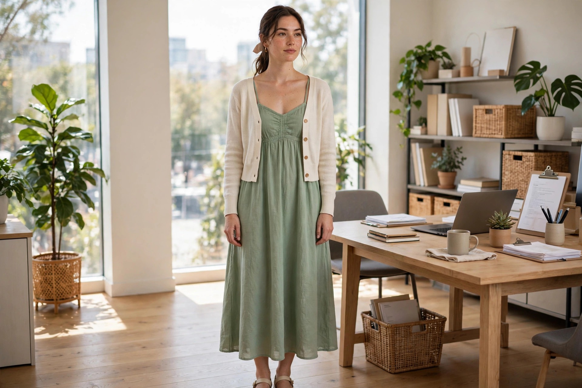 Woman wearing a spaghetti strap dress with a cropped cardigan in an office