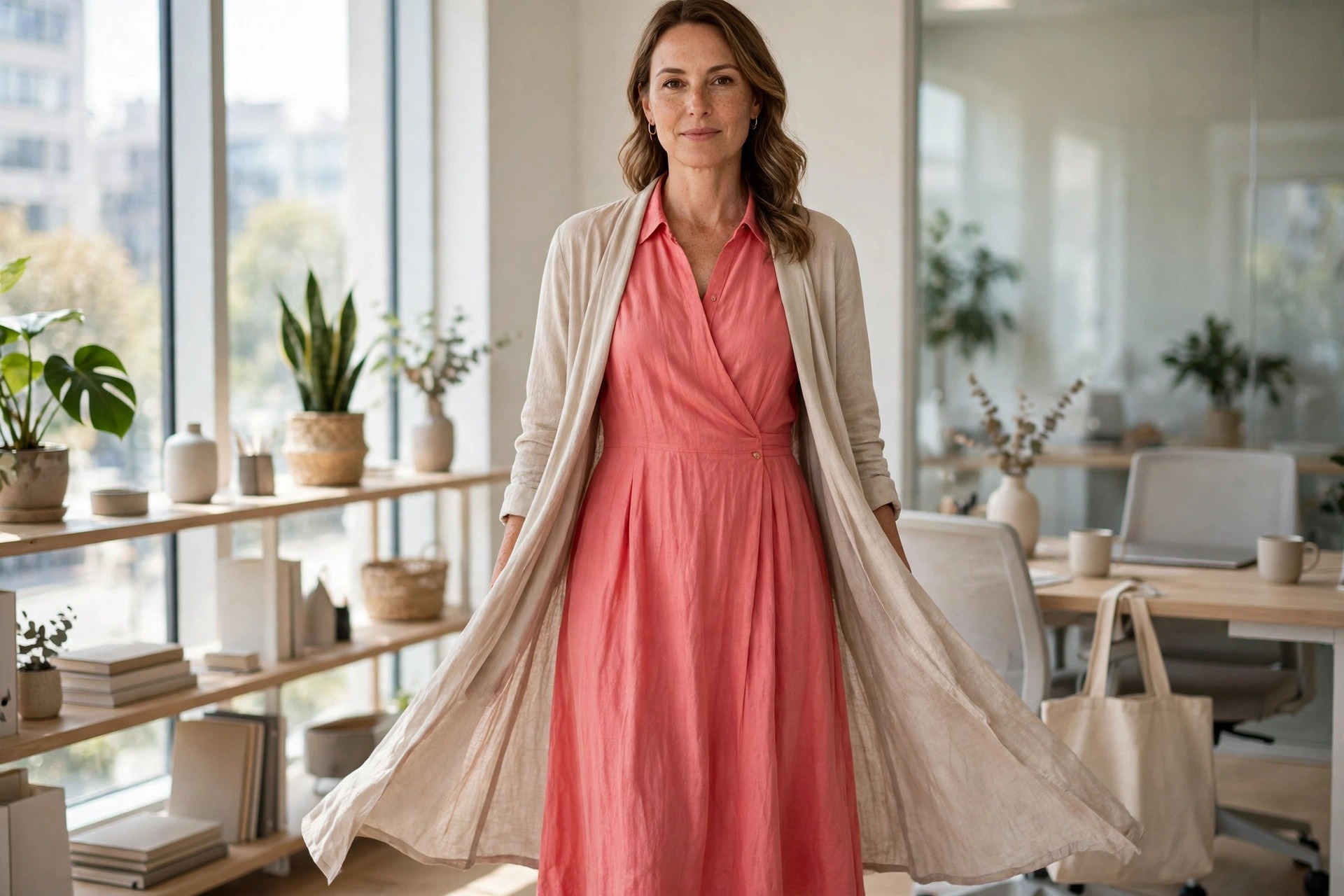 Woman wearing a coral midi dress with a long open duster in an office
