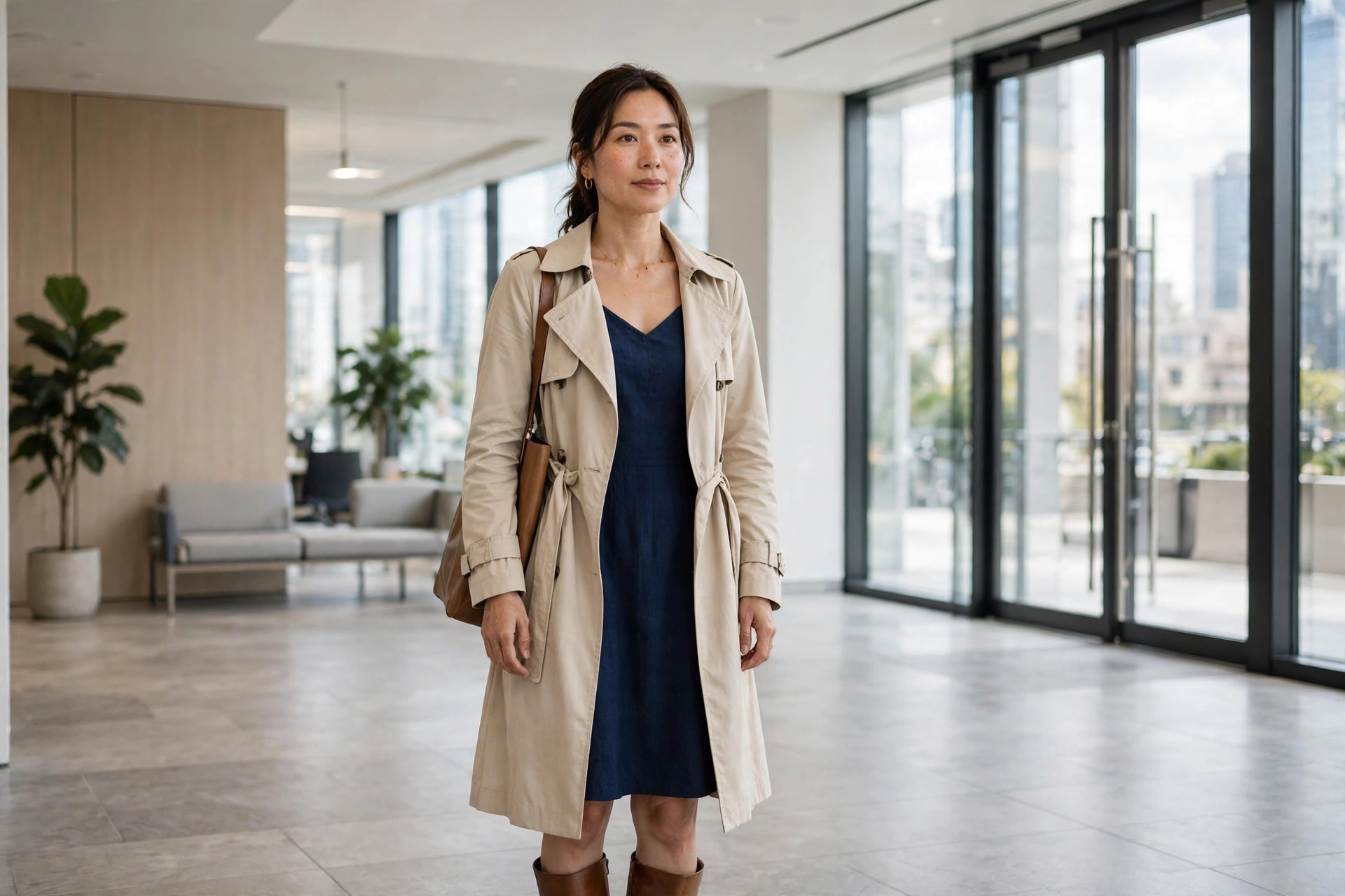 Woman wearing a navy sundress with a light trench coat